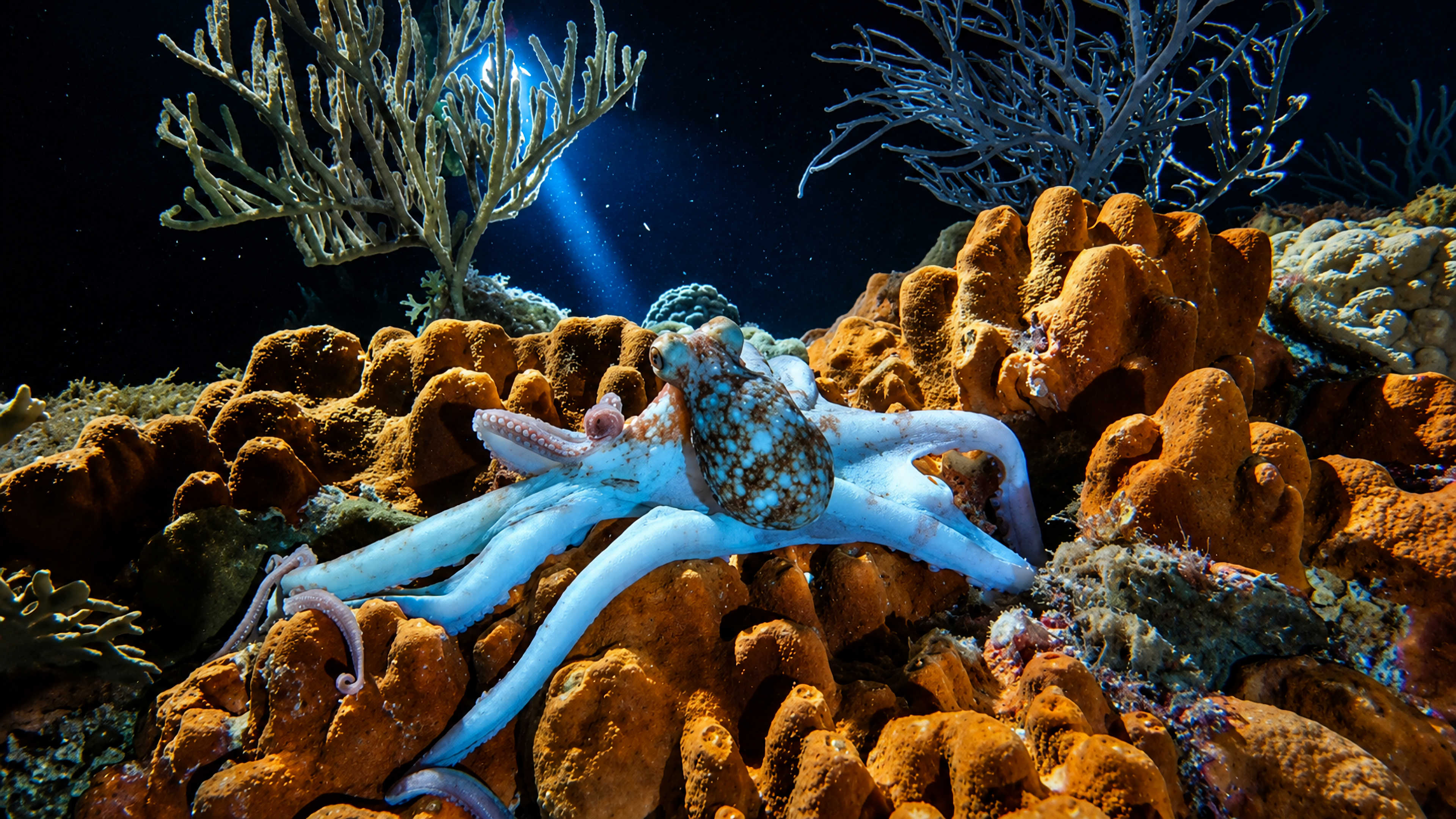 Dramatic octopus portrait on a Cozumel reef at night