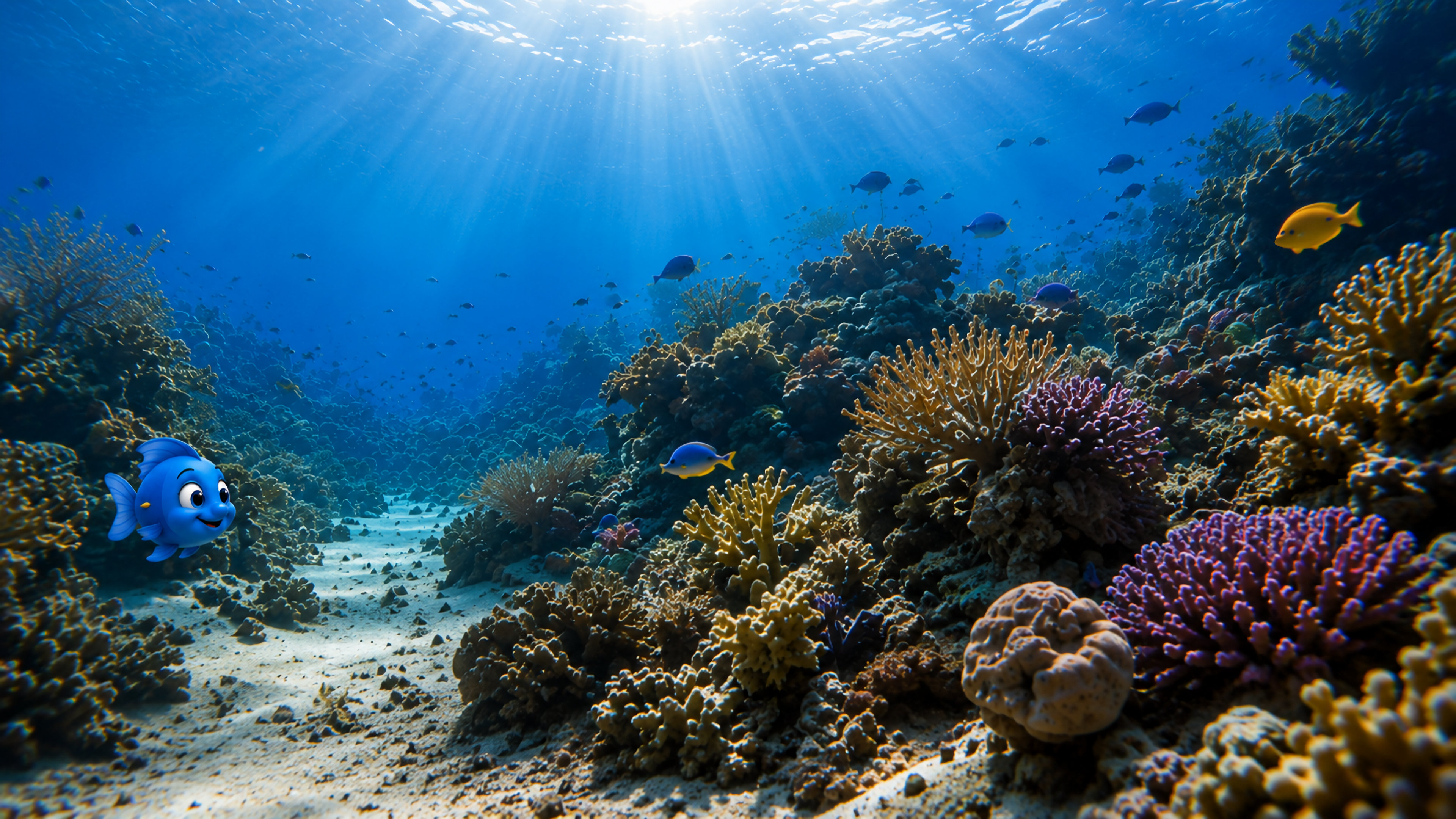 Small Blu swimming from the left into a wide sunlit coral reef