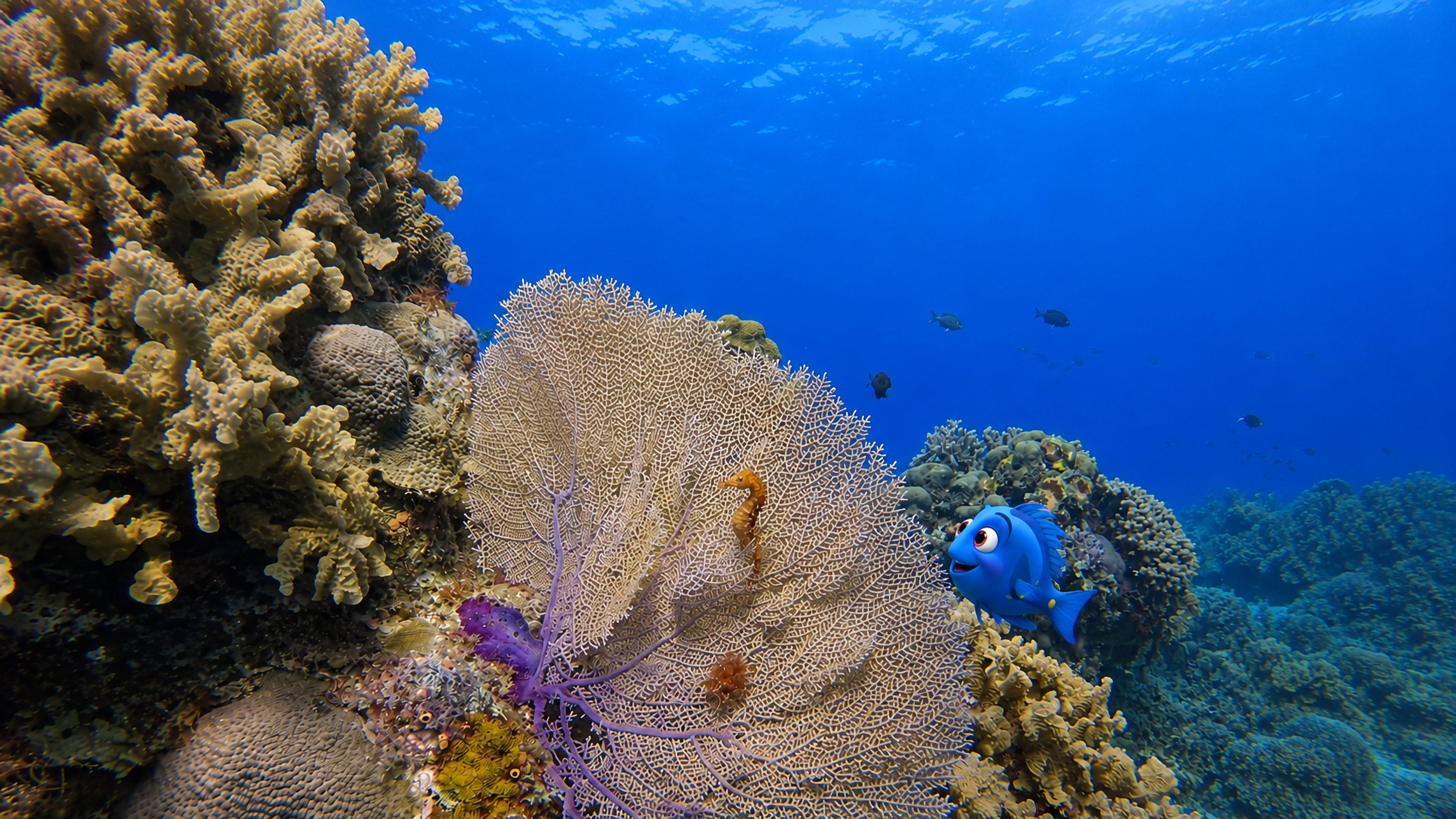 Blu looking with wonder at a tiny seahorse resting on a delicate sea fan