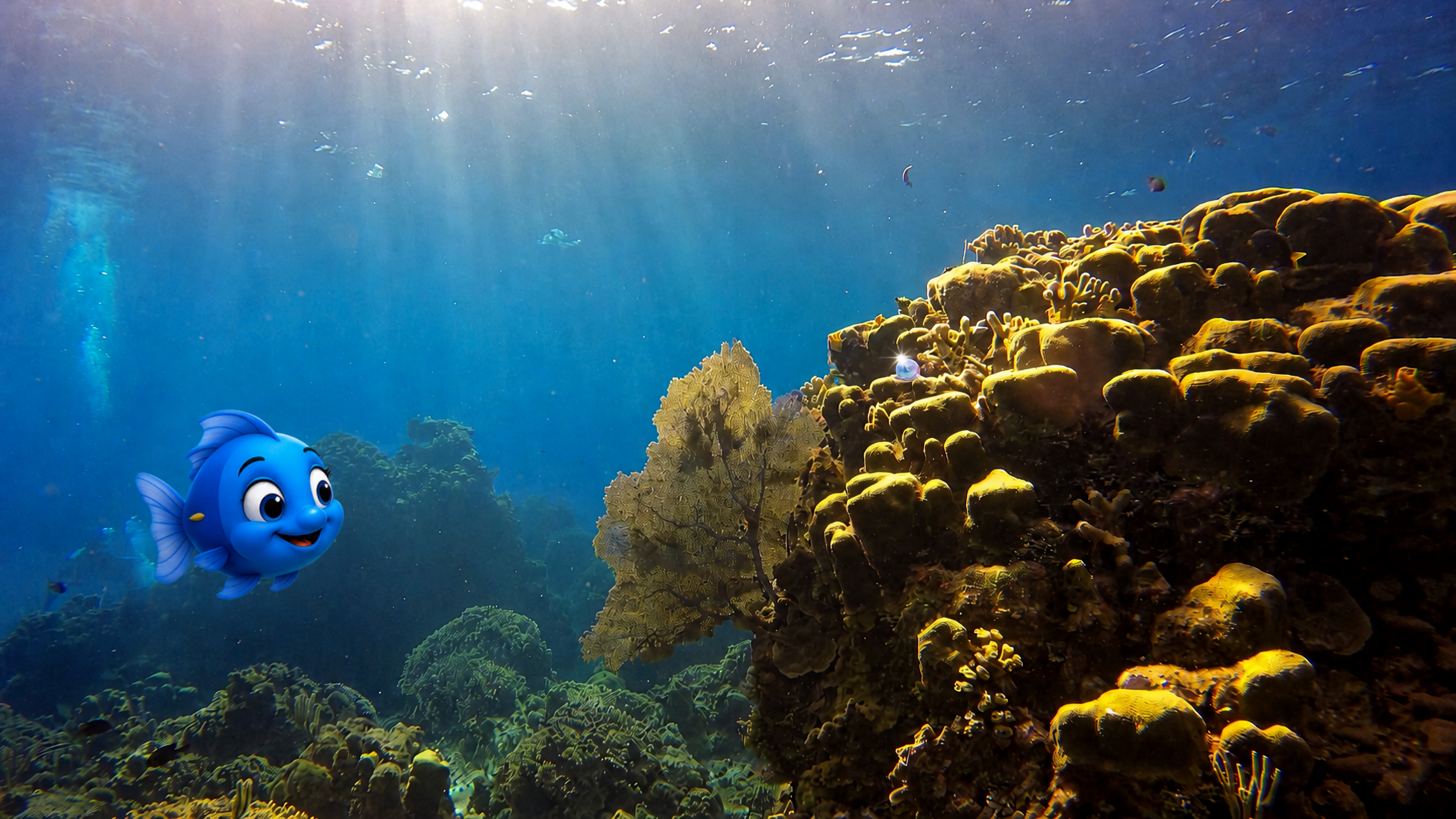 Blu swimming toward a tiny sparkling discovery hidden among sunlit coral