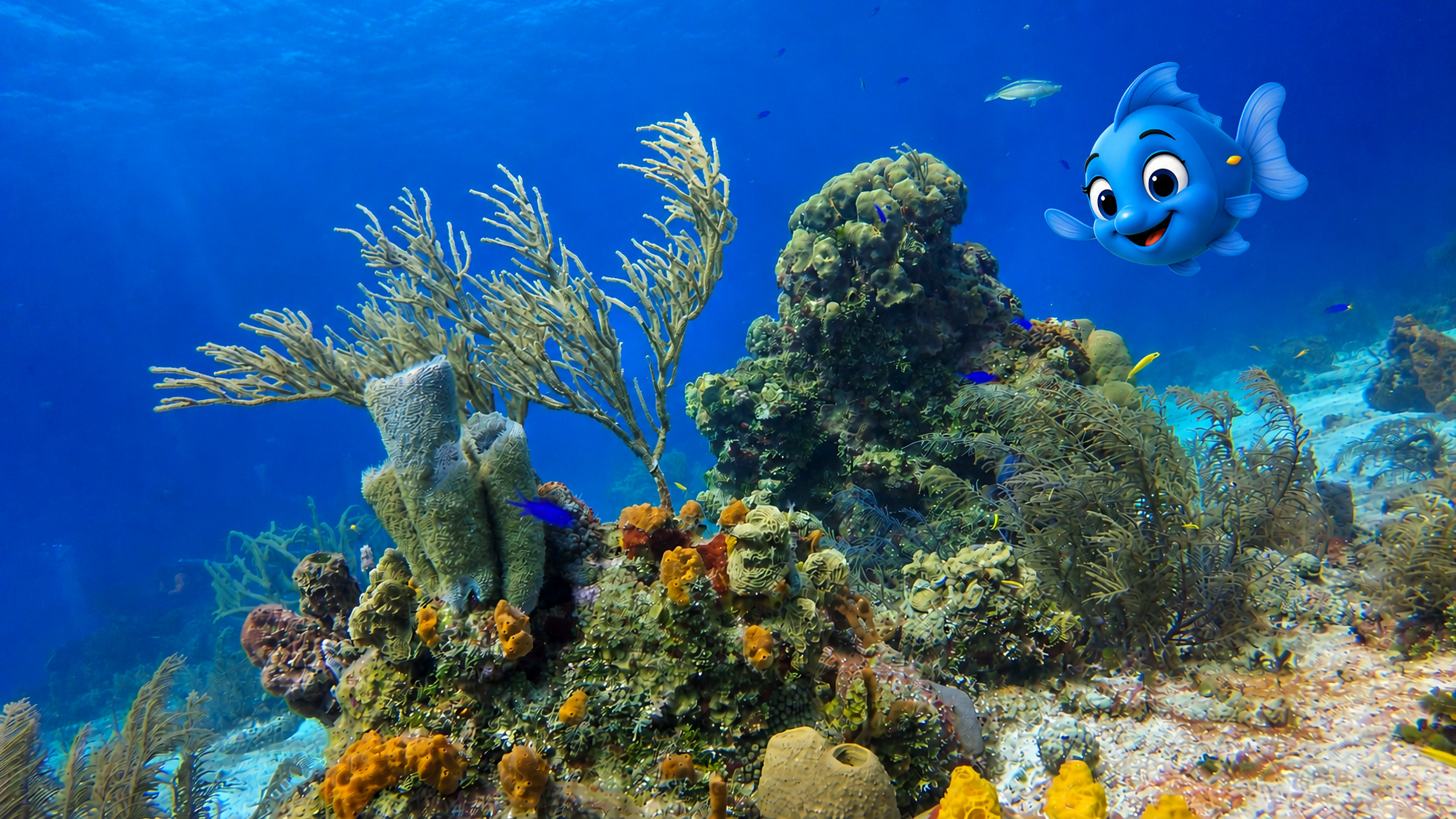 Blu smiling from the upper right of a colorful coral reef as he looks back to say goodbye