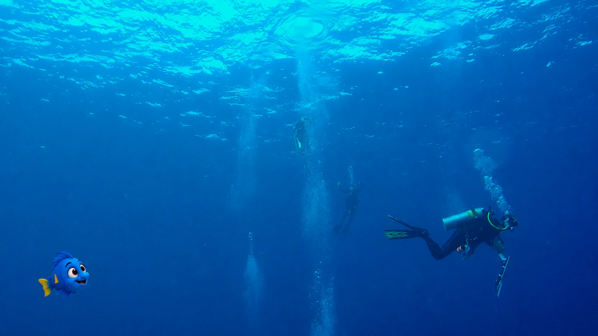 Blu watching a group of scuba divers entering his underwater world