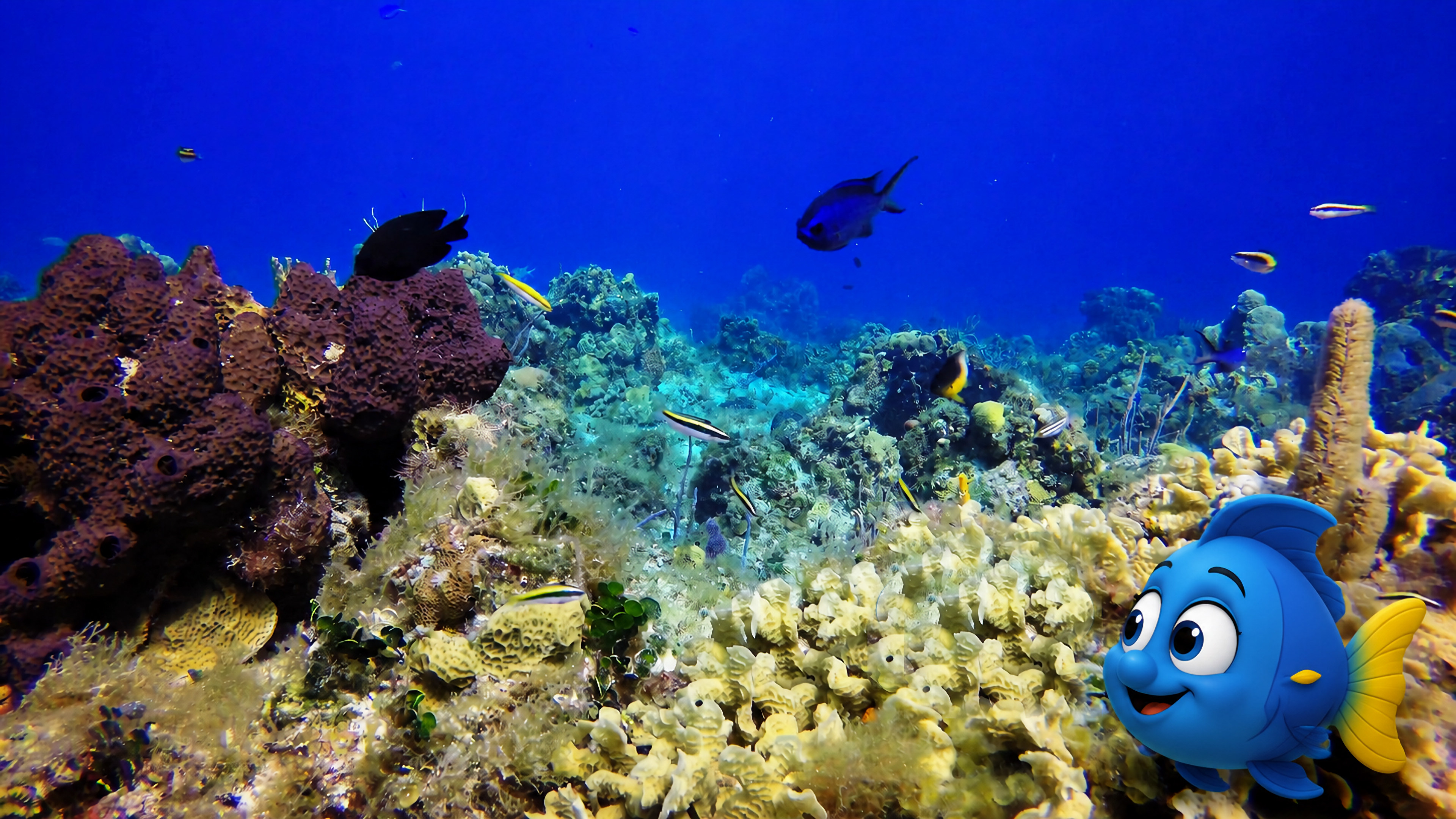 Blu in the lower right looking back toward a colorful reef filled with sponges, coral, and small fish