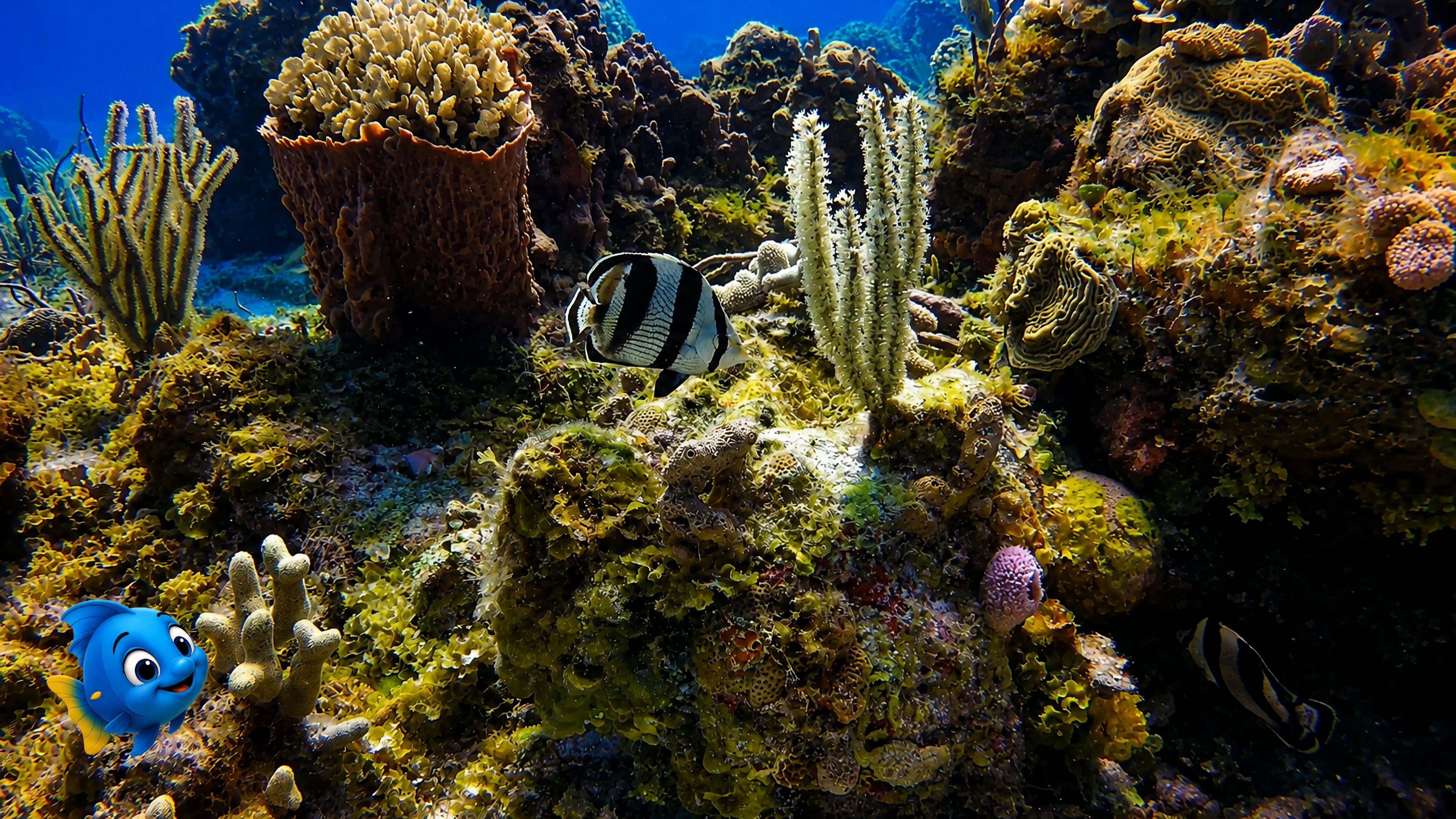 Blu swimming near the lower left while colorful reef fish move among coral and sponges