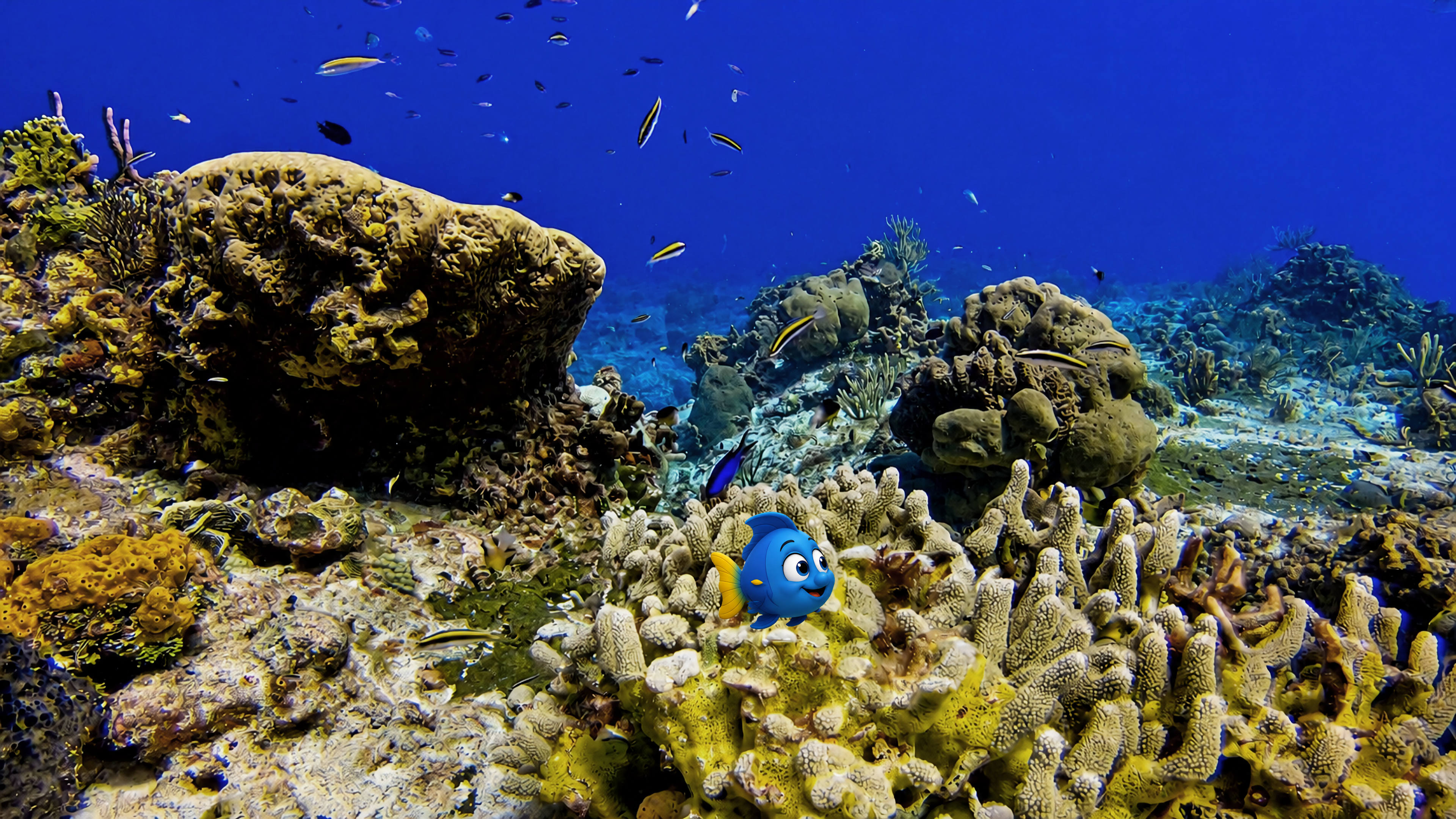 Blu swimming near the lower left while looking toward a coral mound surrounded by clear blue water