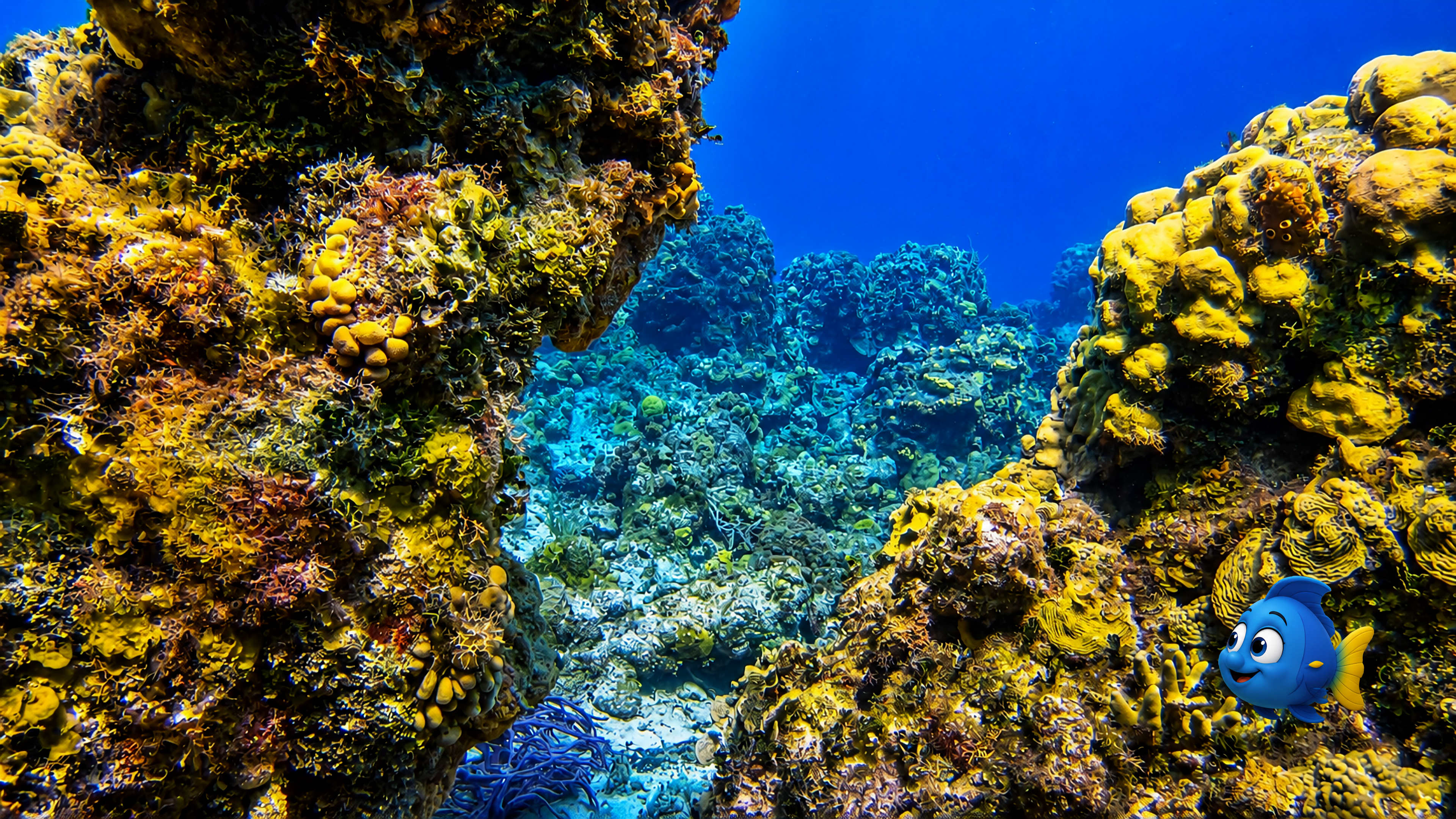 Blu in the lower right looking back toward a narrow coral passage