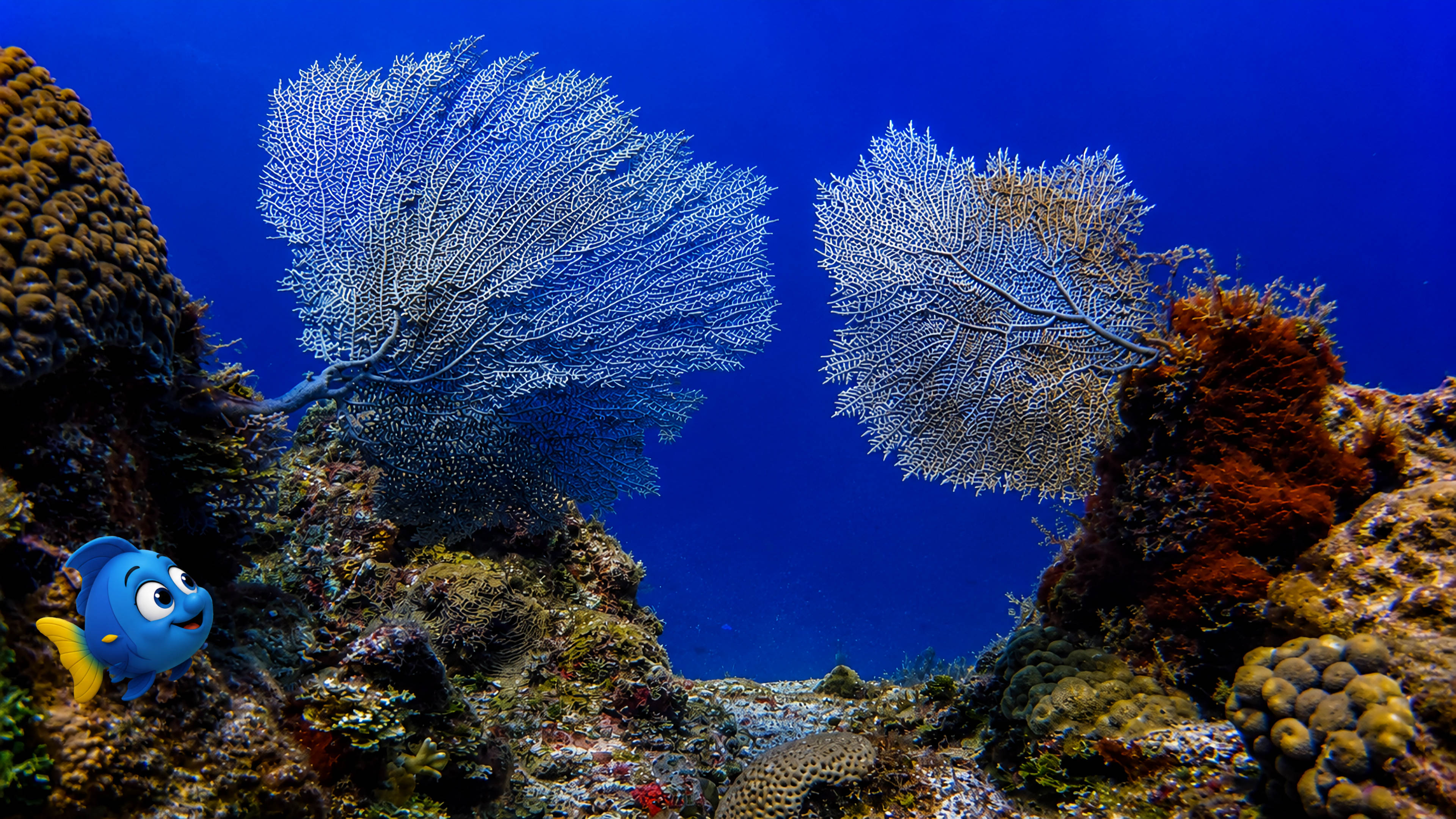 Blu in the lower left admiring two large sea fans beside a reef passage