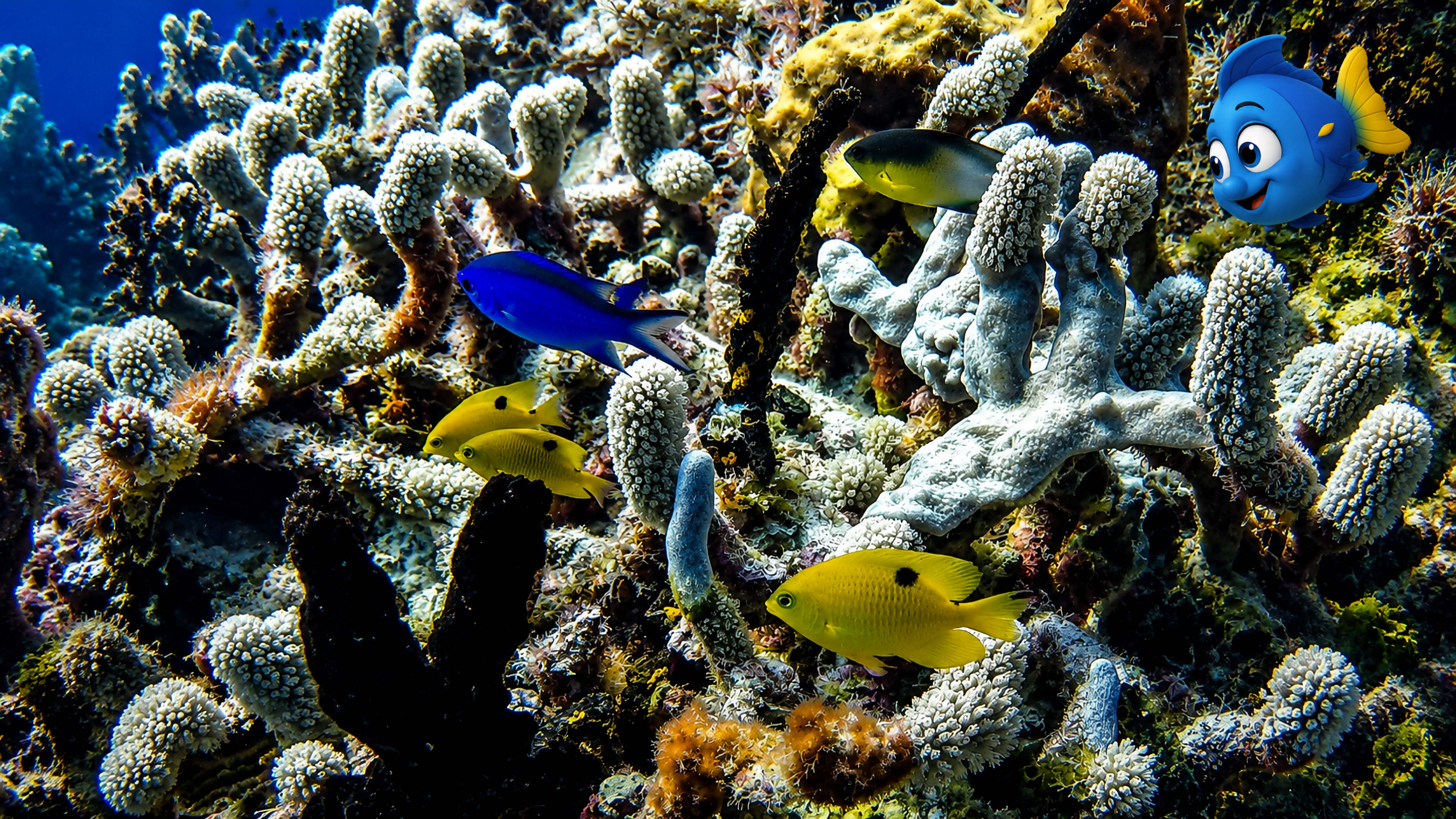 Blu in the upper right watching blue and yellow fish among branching coral
