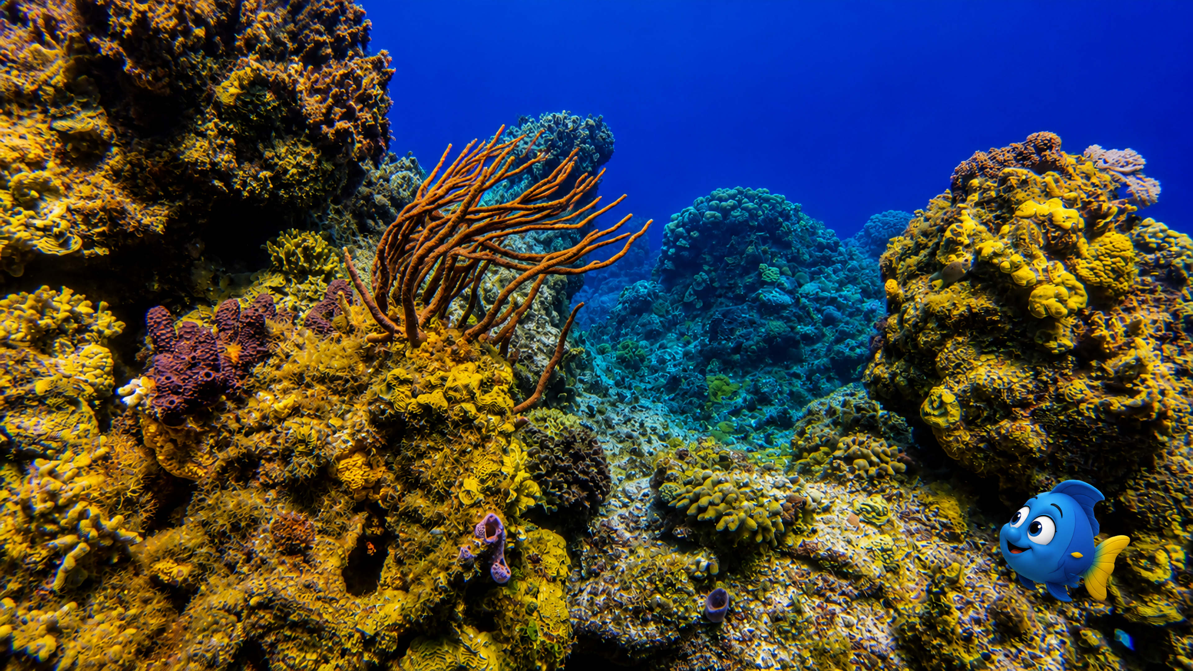 Blu in the lower right looking back across a colourful reef as the hidden path continues