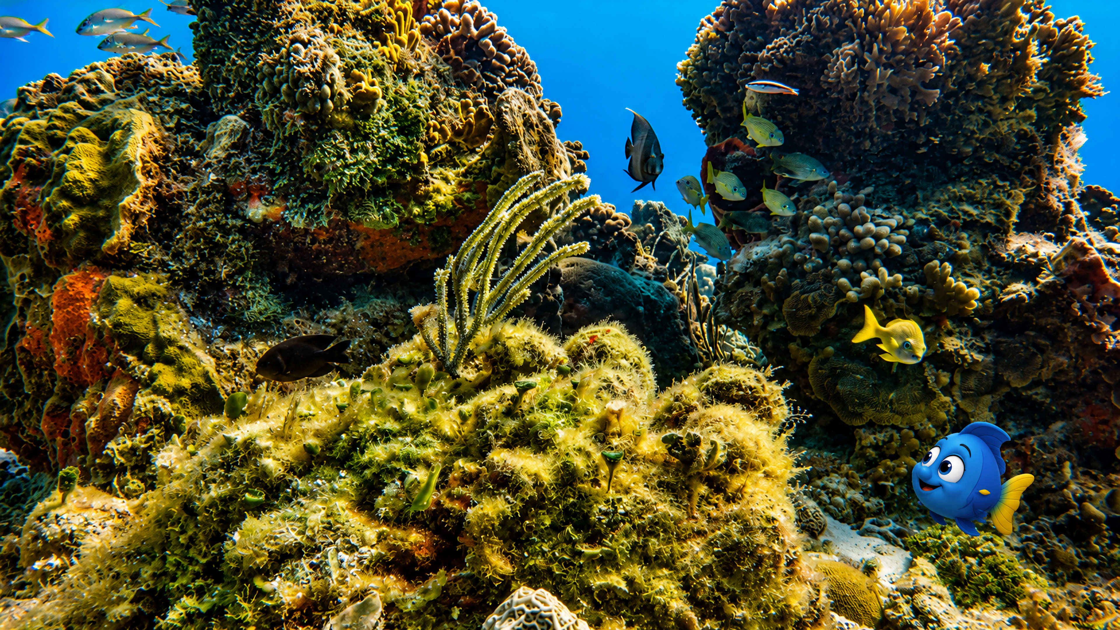 Blu in the lower right looking into a busy coral reef filled with fish and hiding places