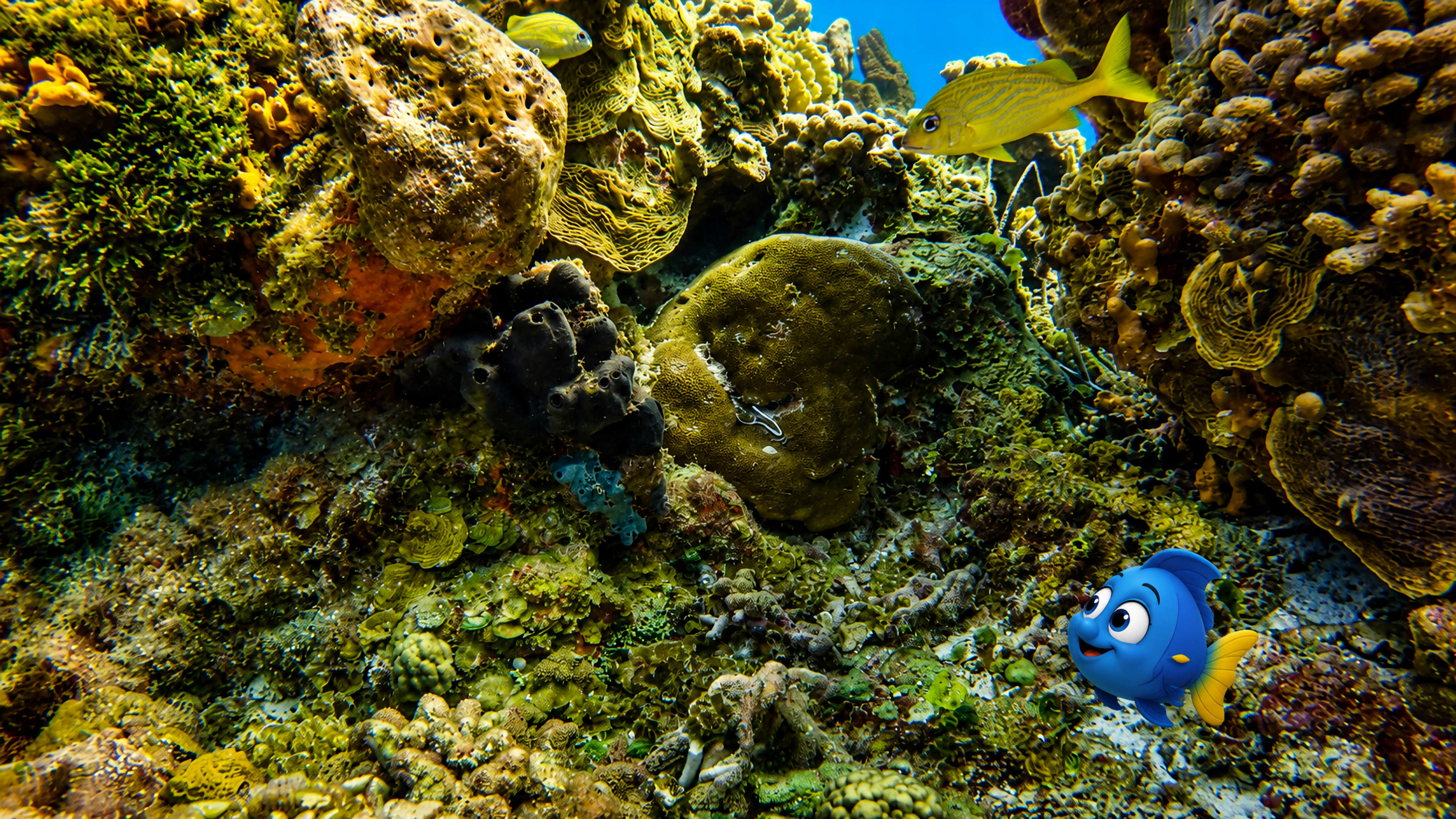 Blu in the lower right studying a crowded reef where a tiny black and white fish is difficult to notice