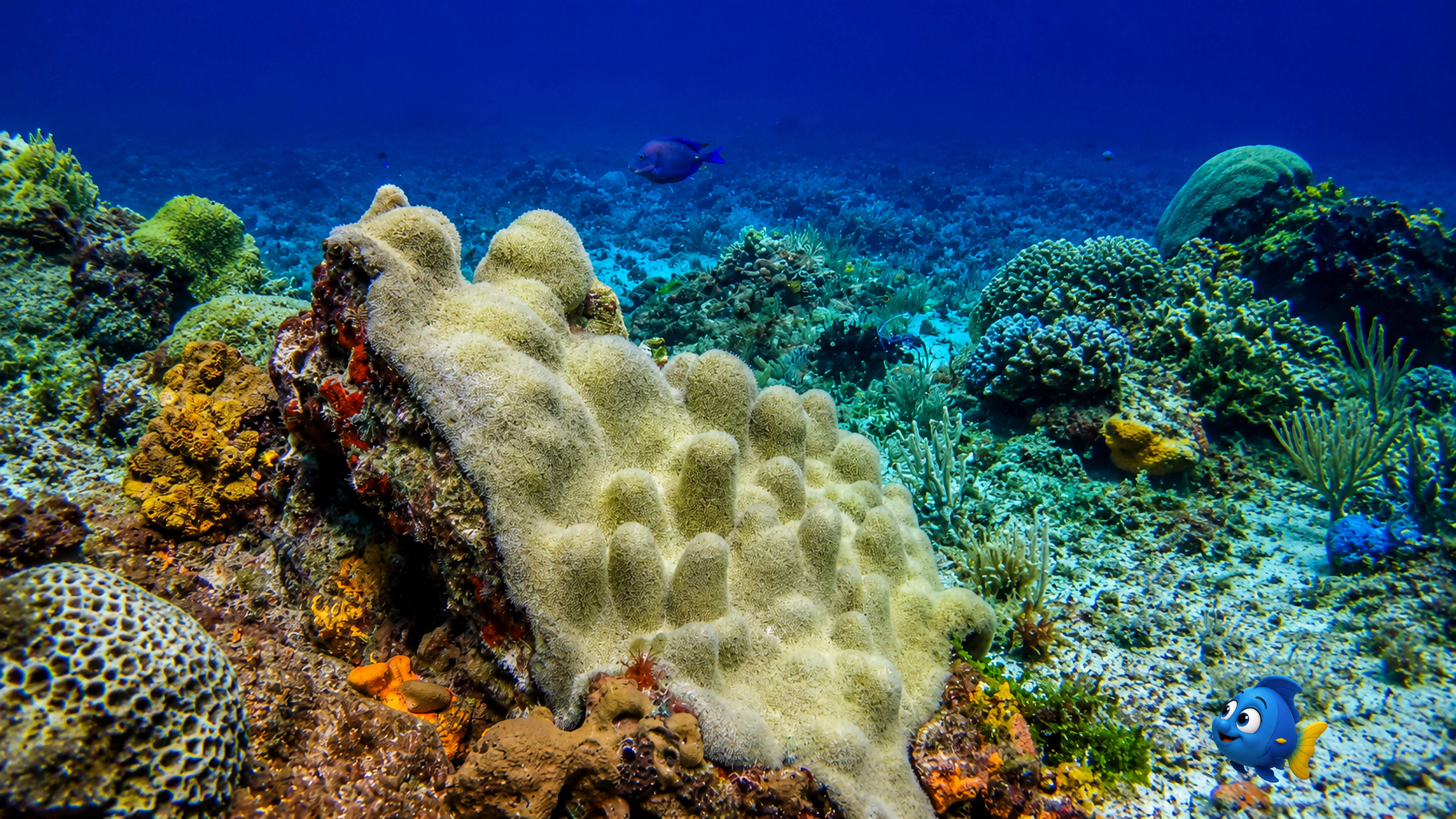 Blu looking toward a large pale sponge surrounded by corals