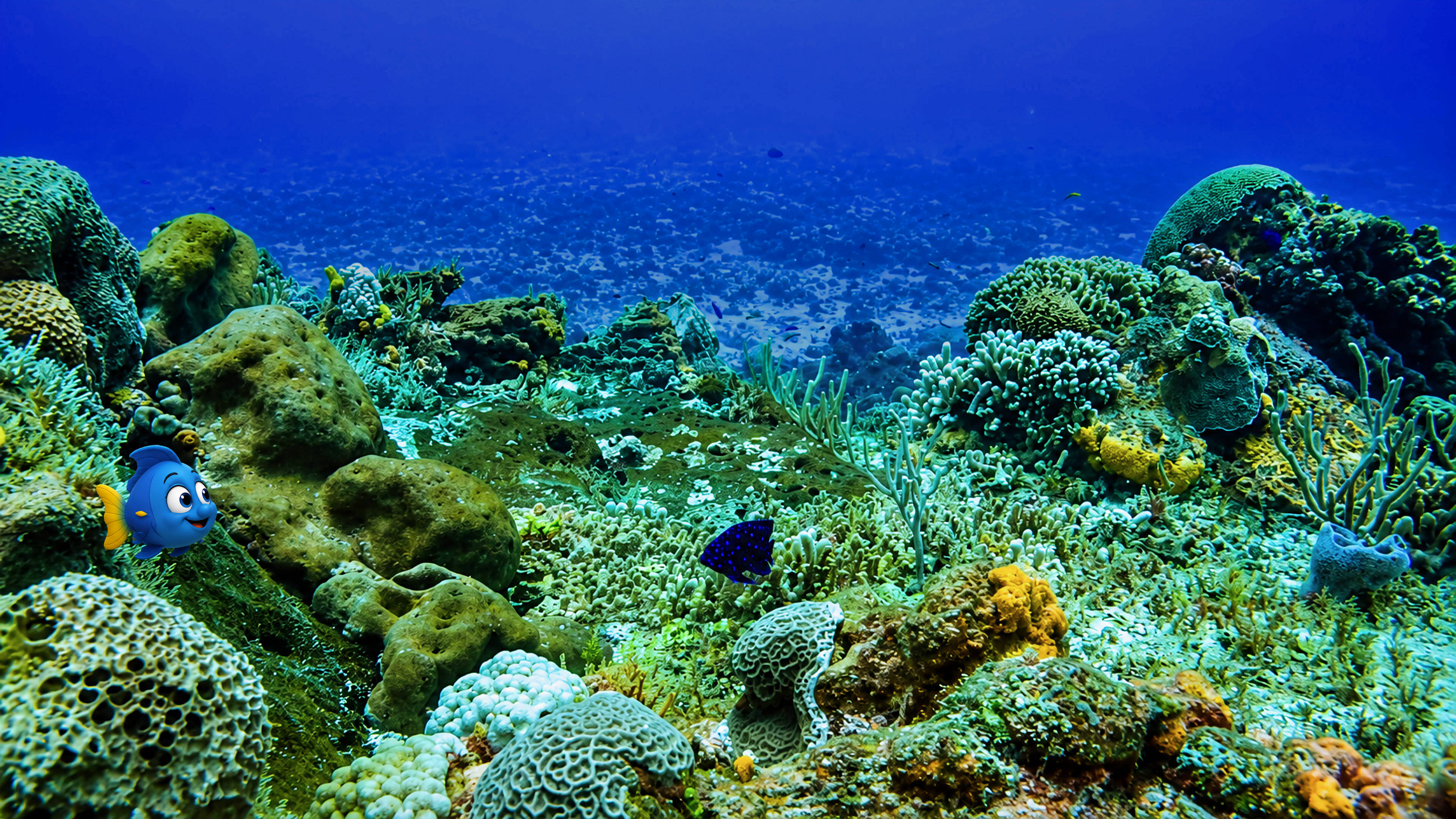 Blu swimming beside a reef filled with corals, sponges, and small fish