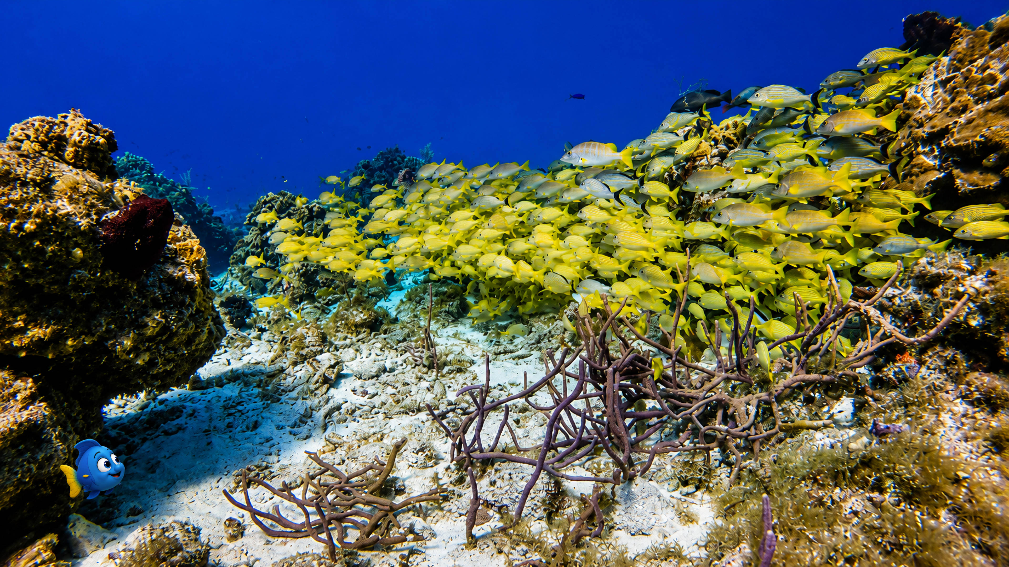 Blu watching a large school of yellow fish moving together above the reef