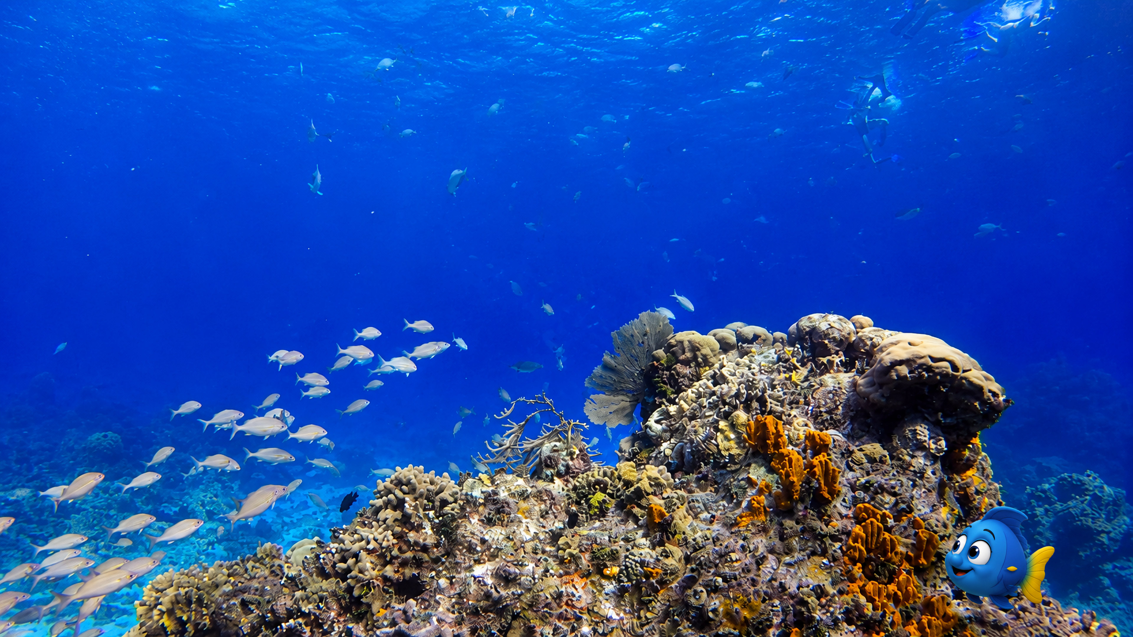 Blu looking back across a coral mound while fish swim through bright blue water