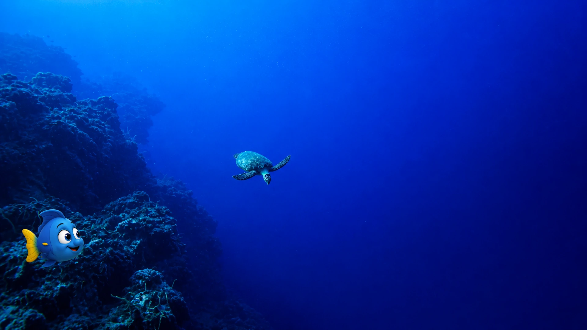 Blu following one of his turtle friends through the deep blue ocean