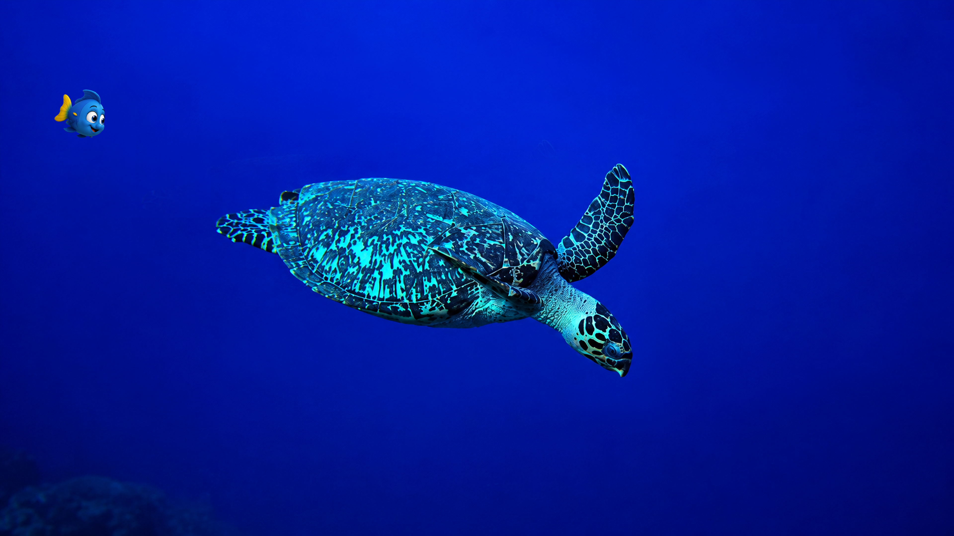 Blu swimming near a sea turtle gliding through clear blue water