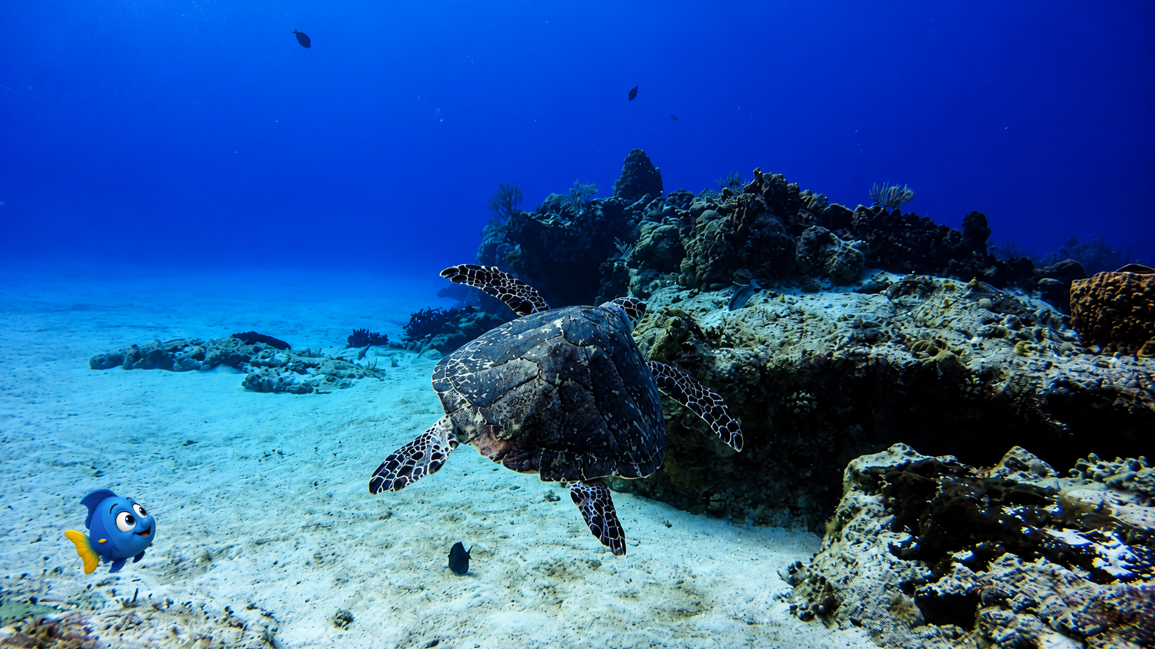 Blu watching another sea turtle travel across a sandy part of the reef