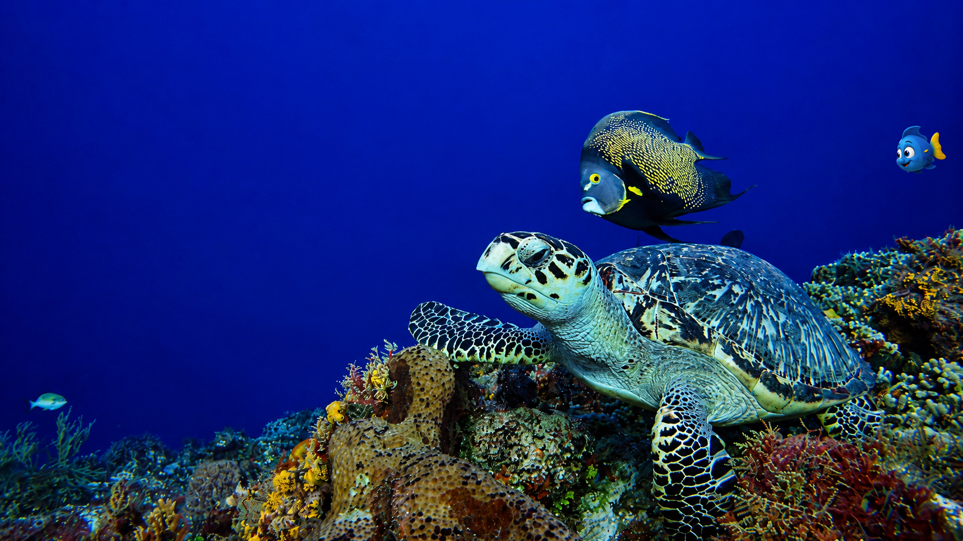 Blu near a resting sea turtle with colourful reef fish nearby