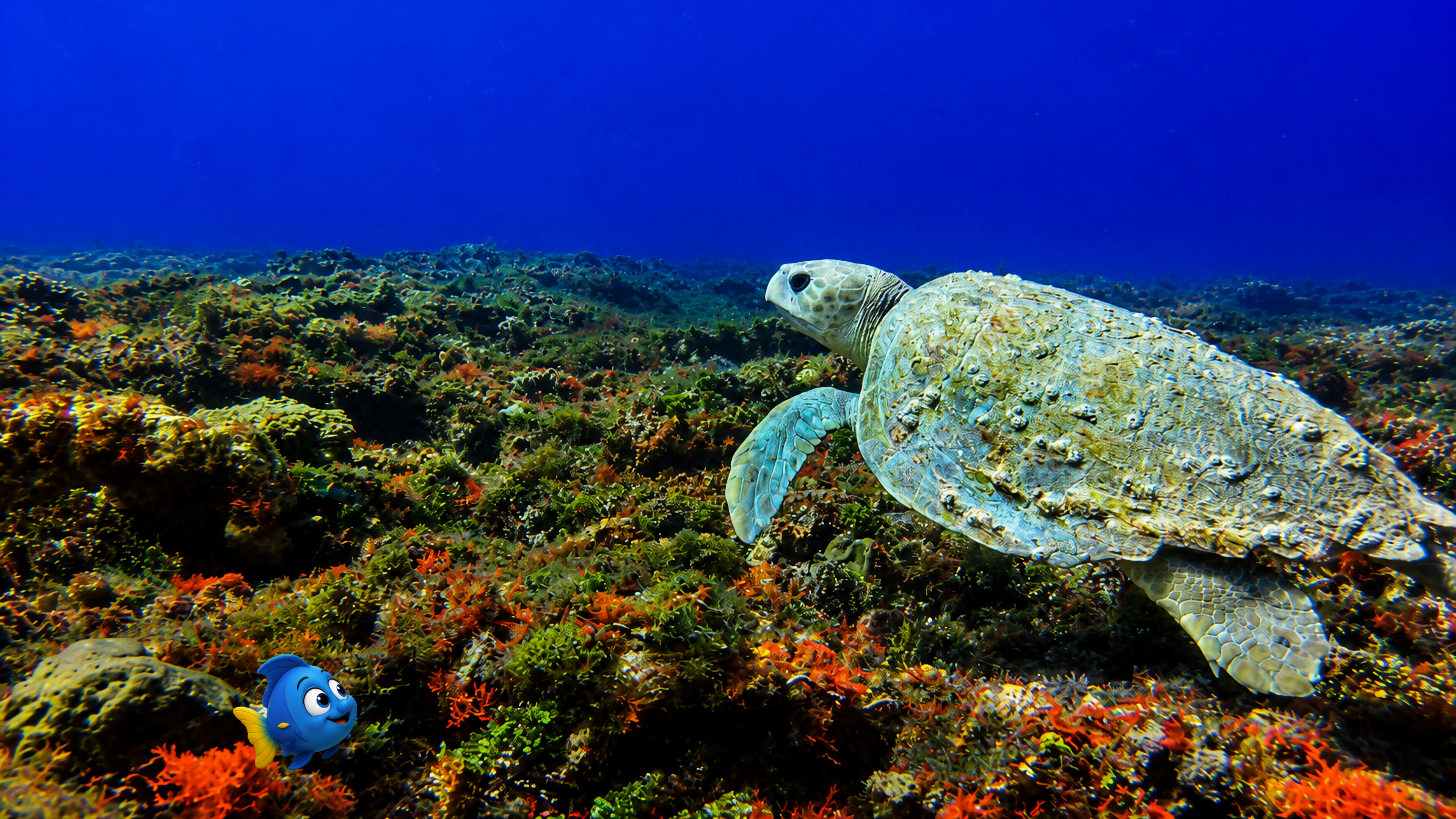 Blu beside an old sea turtle with a weathered shell