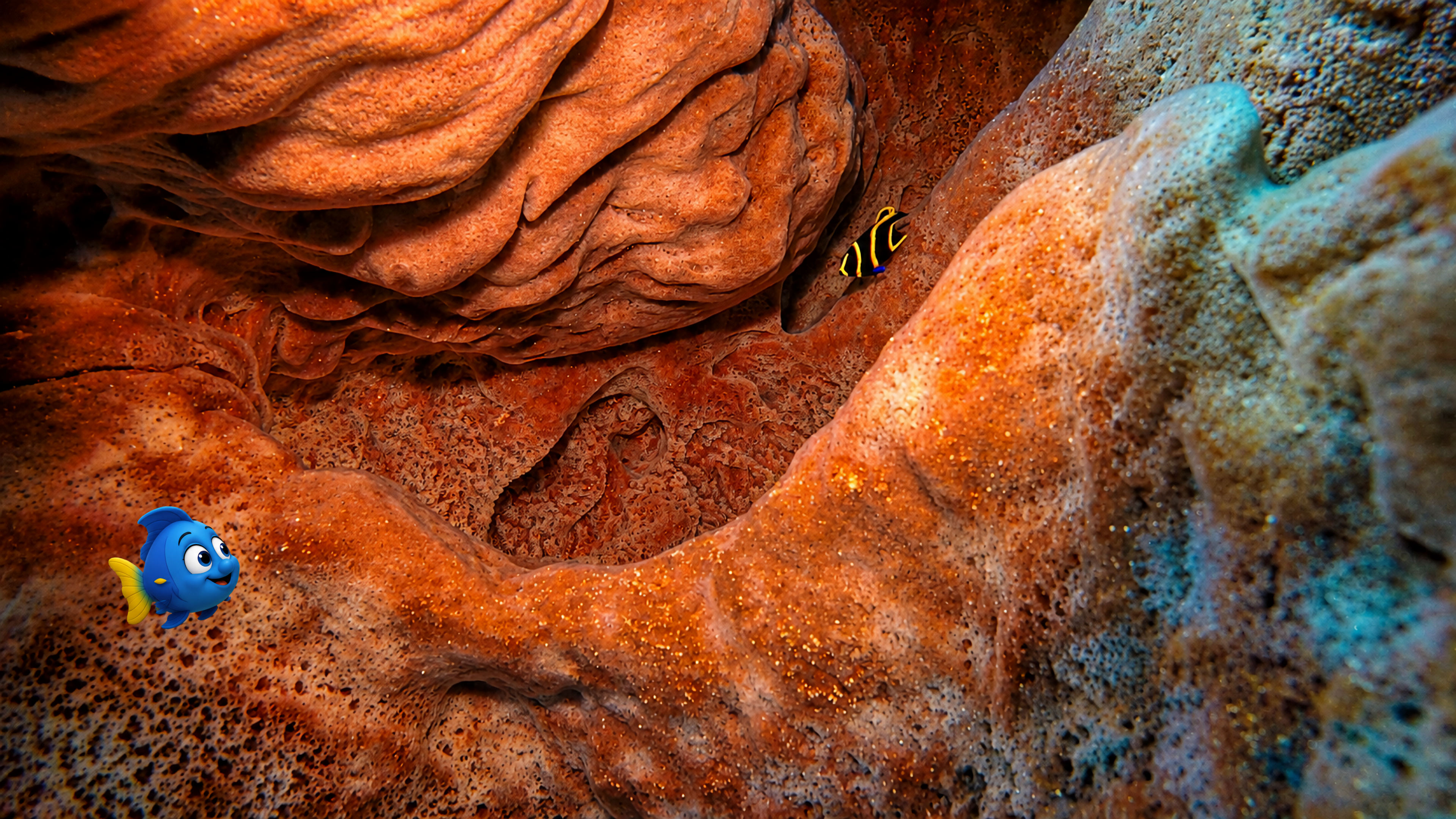 Blu looking toward a tiny juvenile French angelfish hiding inside the folds of a giant sponge