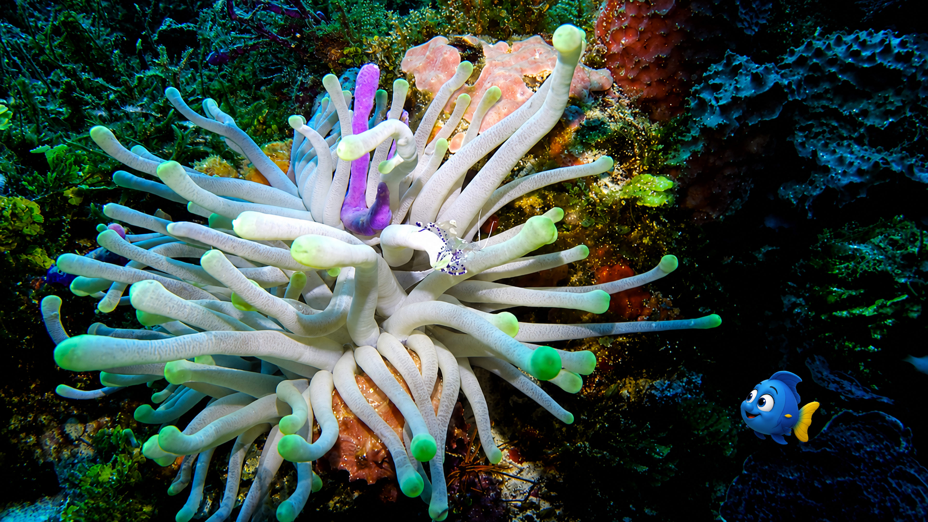 Blu looking toward a delicate cleaner shrimp hidden among the pale tentacles of a reef anemone