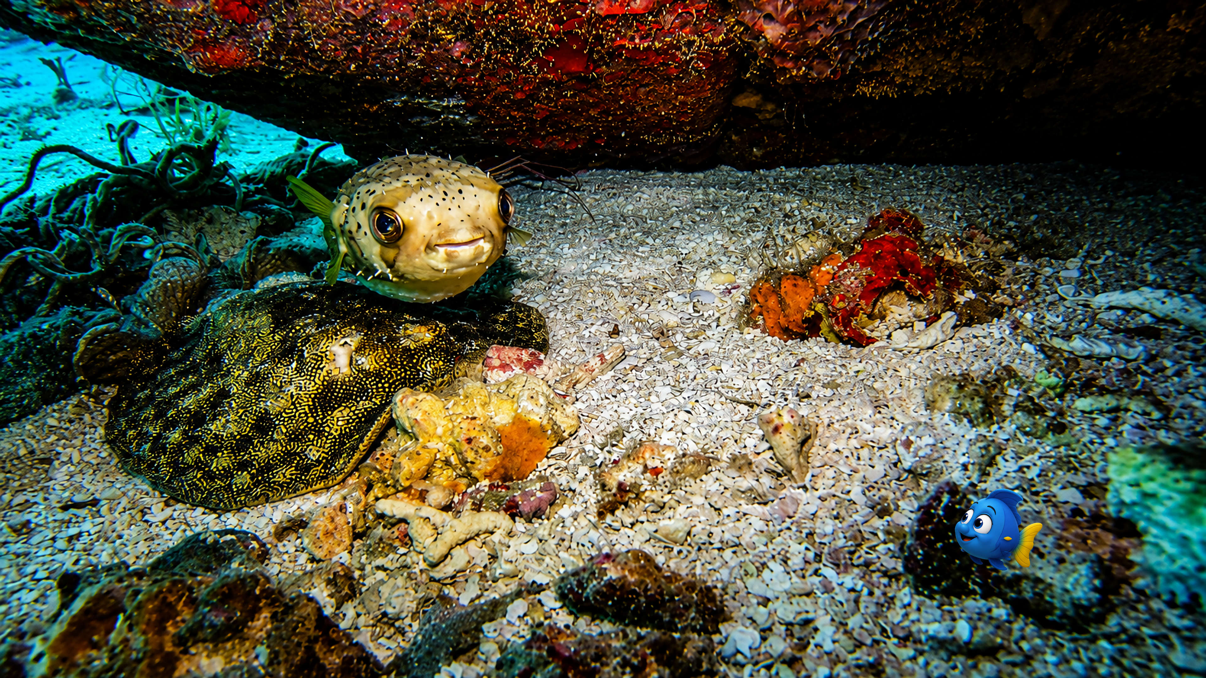Blu looking toward a porcupinefish hovering above a resting stingray while an arrow crab hides behind them
