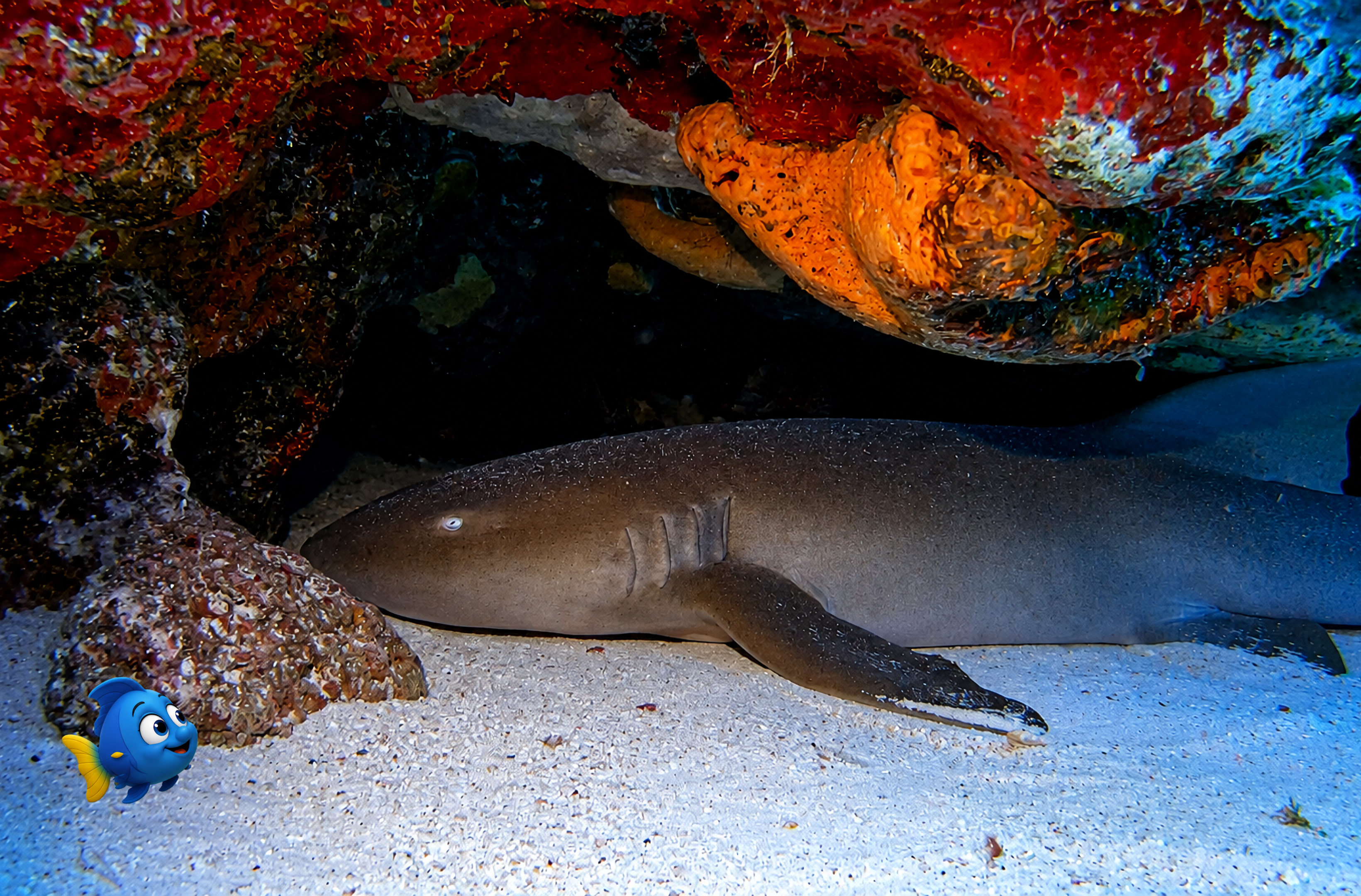Blu watching from a respectful distance as a Nurse Shark settles onto the sand beneath the reef