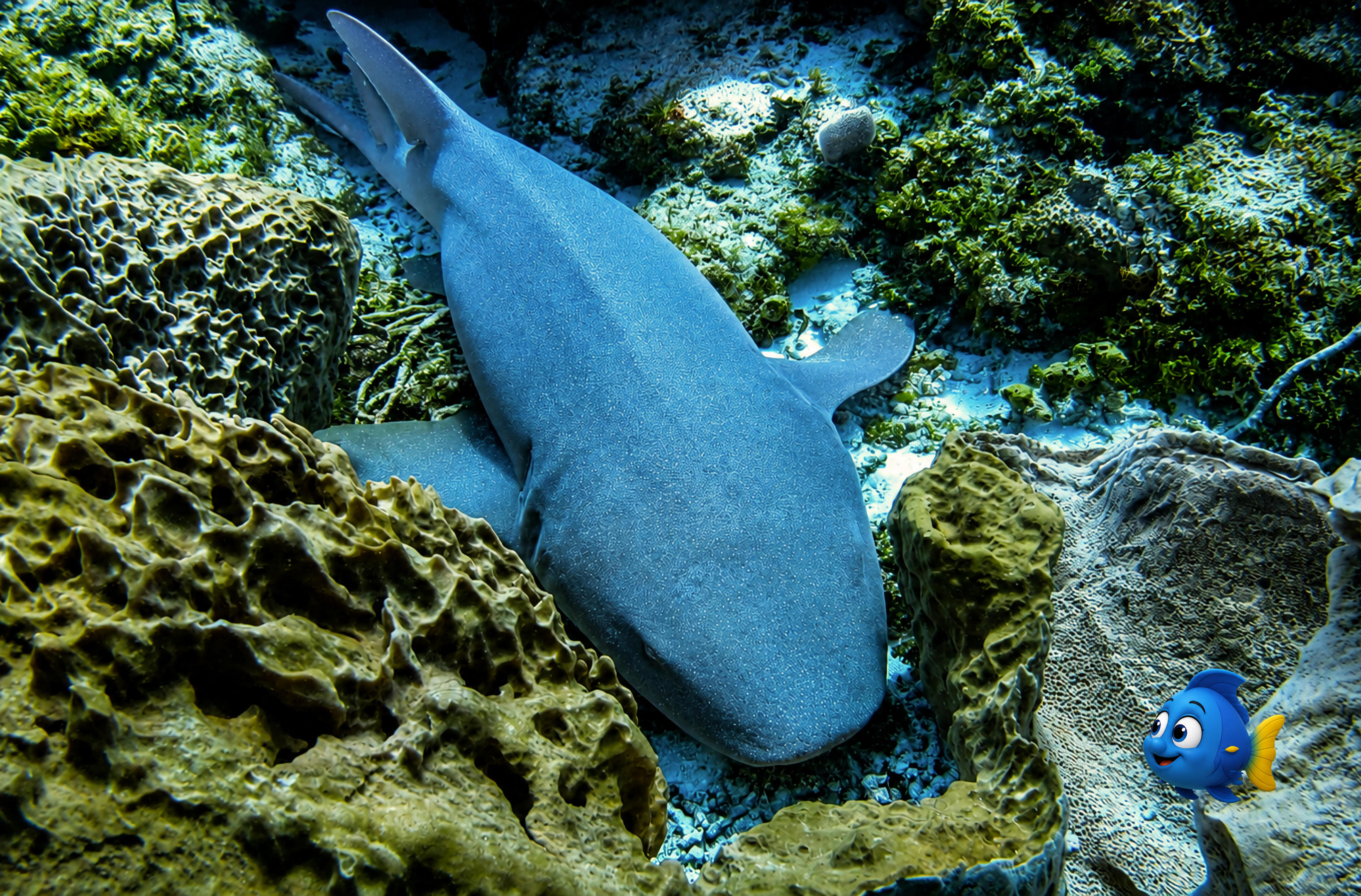 A Nurse Shark resting peacefully beneath a colourful coral ledge on the reef