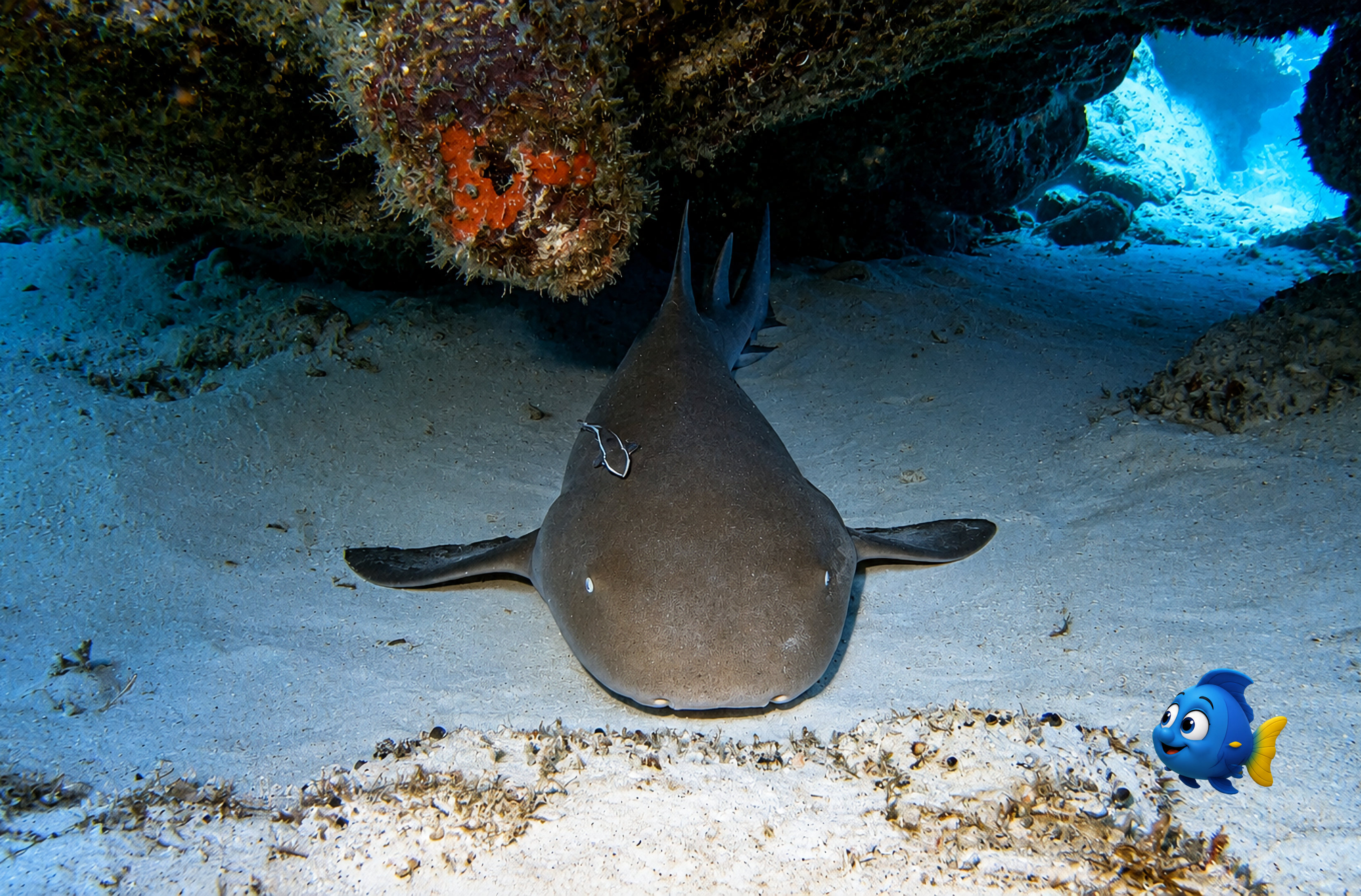 Blu looking closely at a Nurse Shark resting peacefully on the sand beneath a coral ledge
