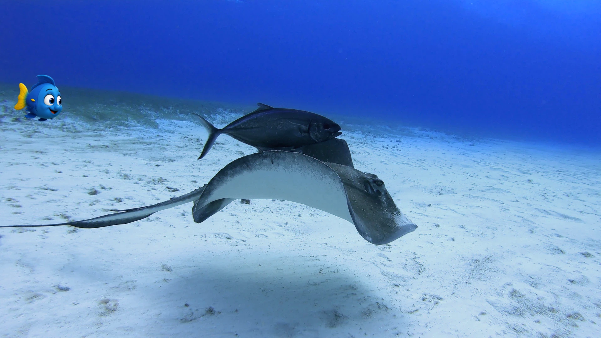 A stingray gliding over the sandy seafloor with another fish swimming closely above it