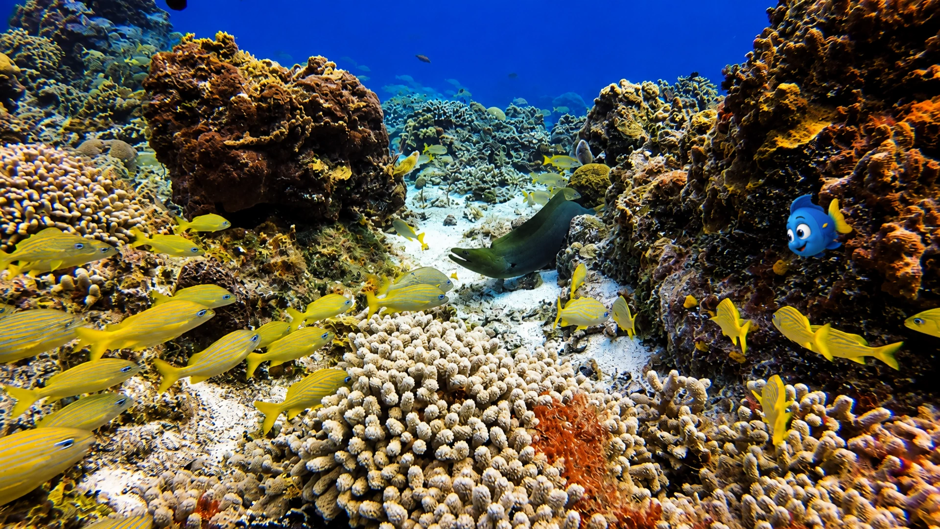 A Green Moray resting among a colourful coral reef while Blu watches from a respectful distance
