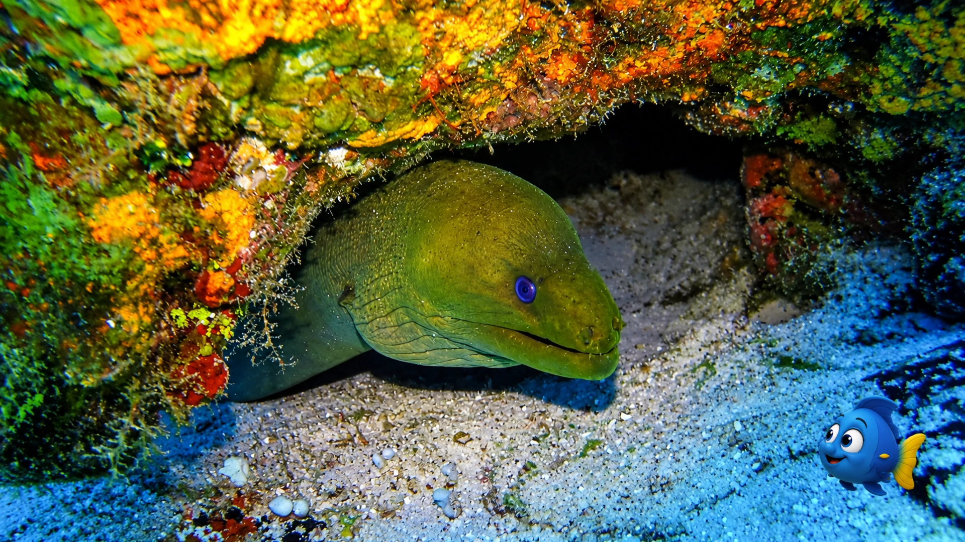 A Green Moray resting beneath a colourful reef ledge while Blu watches from nearby