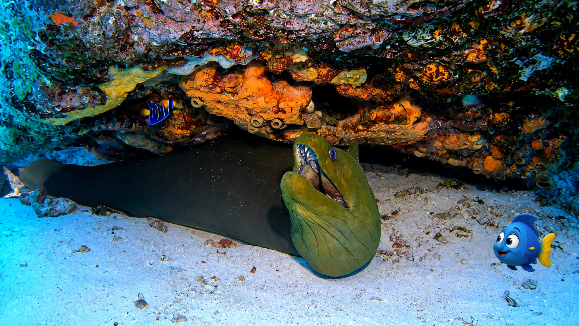 A Green Moray resting beneath a colourful reef ledge while Blu watches from nearby