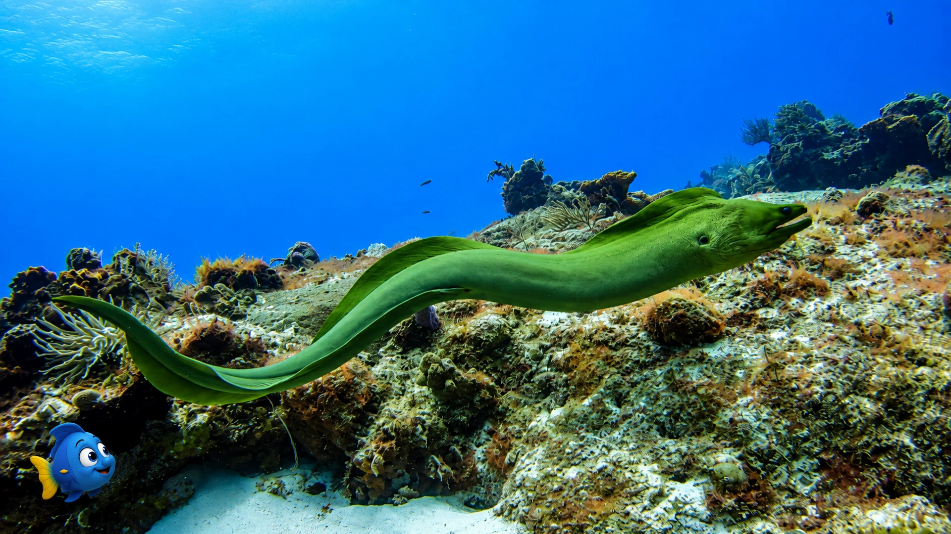 A Green Moray resting beneath a colourful reef ledge while Blu watches from nearby