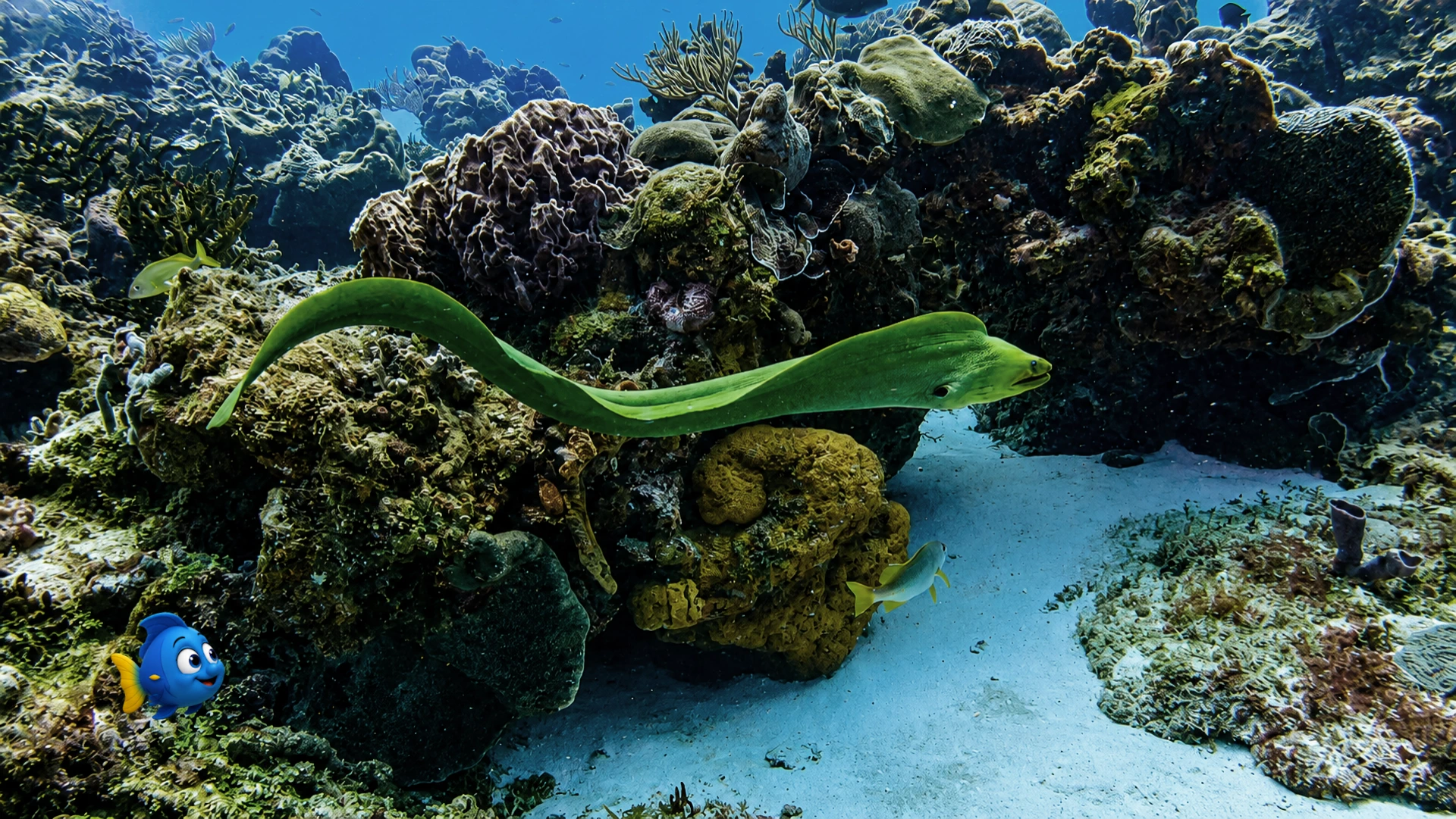 A Green Moray resting beneath a colourful reef ledge while Blu watches from nearby