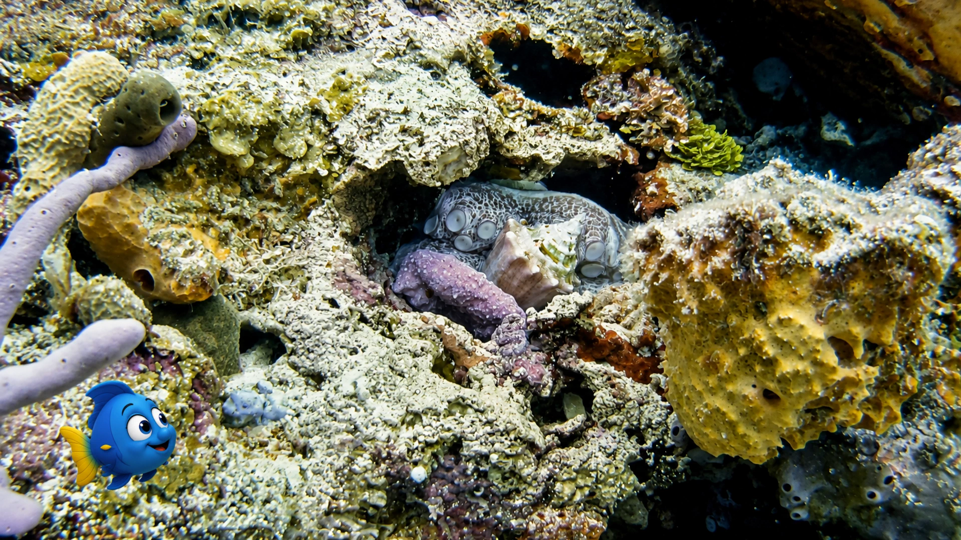 An octopus tucked into a colourful coral reef beside a shell while Blu watches from a respectful distance