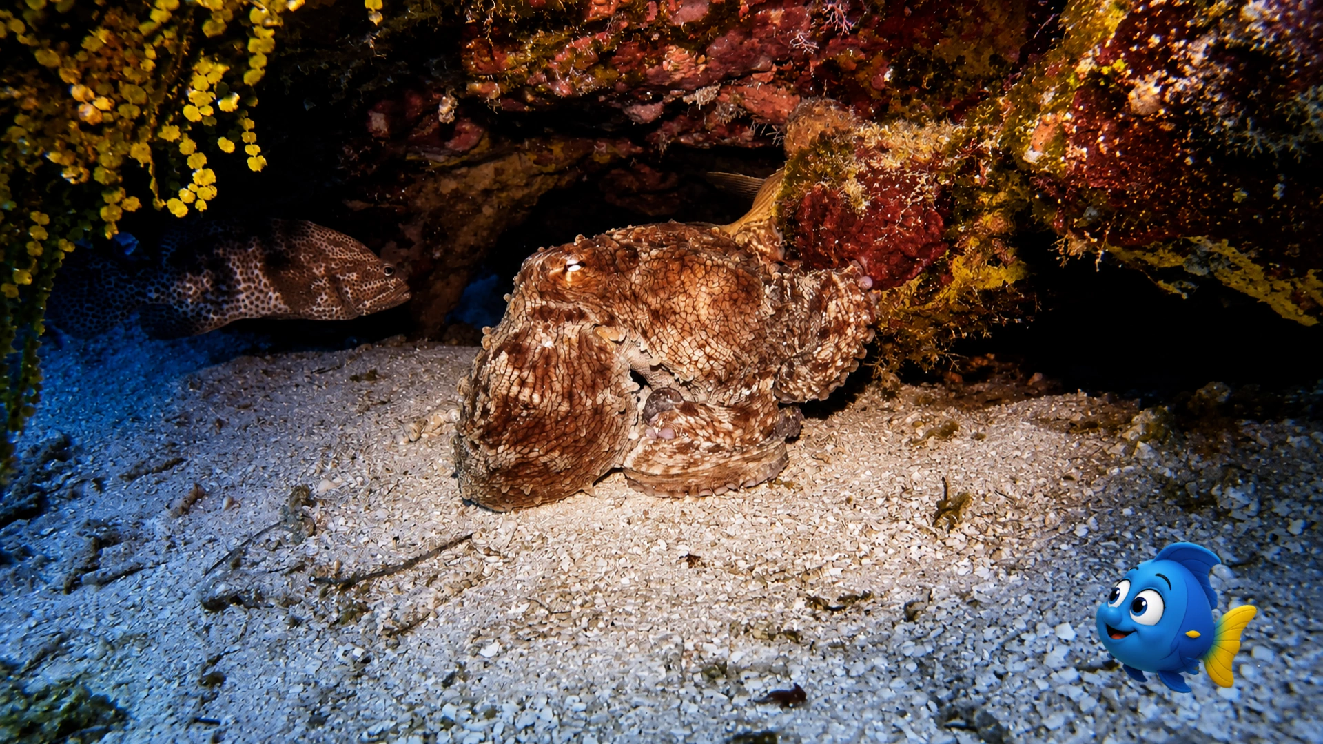 A mottled octopus resting beneath a reef ledge while Blu watches from a respectful distance