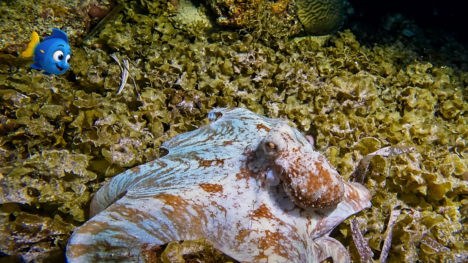 A mottled octopus resting beneath a reef ledge while Blu watches from a respectful distance