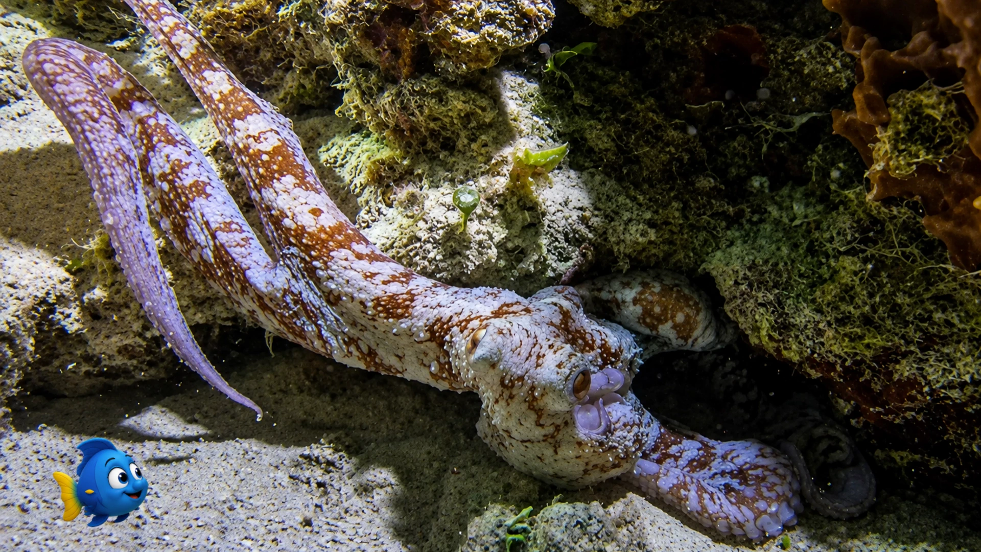 A mottled octopus resting beneath a reef ledge while Blu watches from a respectful distance
