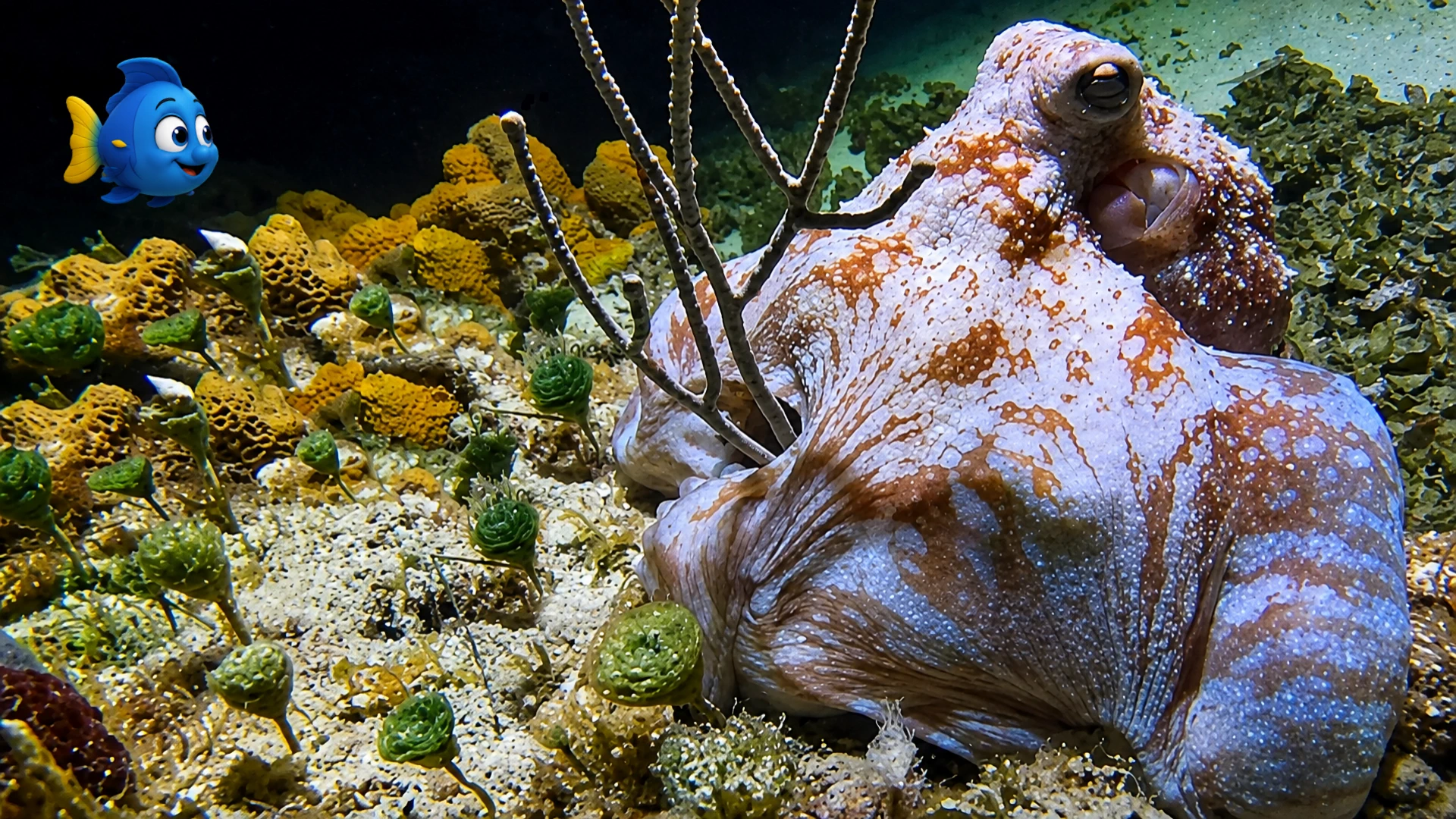 A mottled octopus resting beneath a reef ledge while Blu watches from a respectful distance