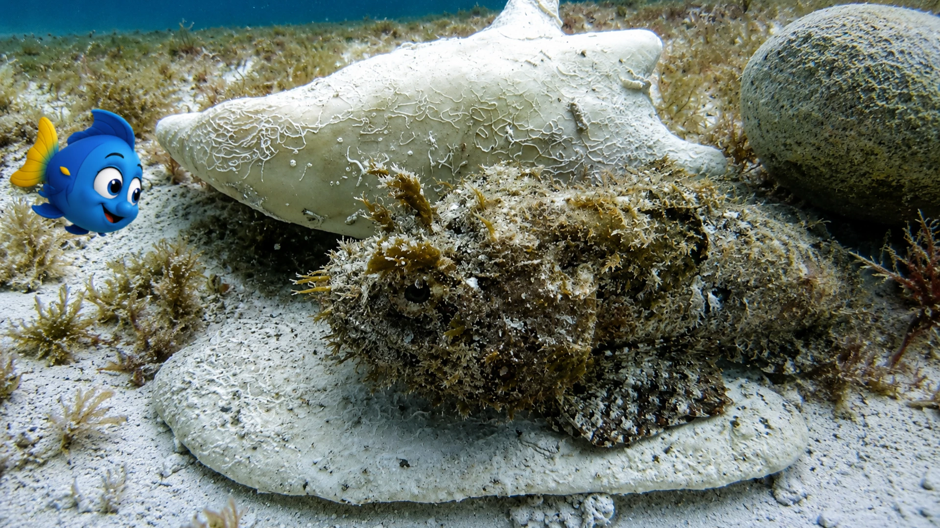 A camouflaged reef fish resting on the sandy bottom while Blu looks closely nearby