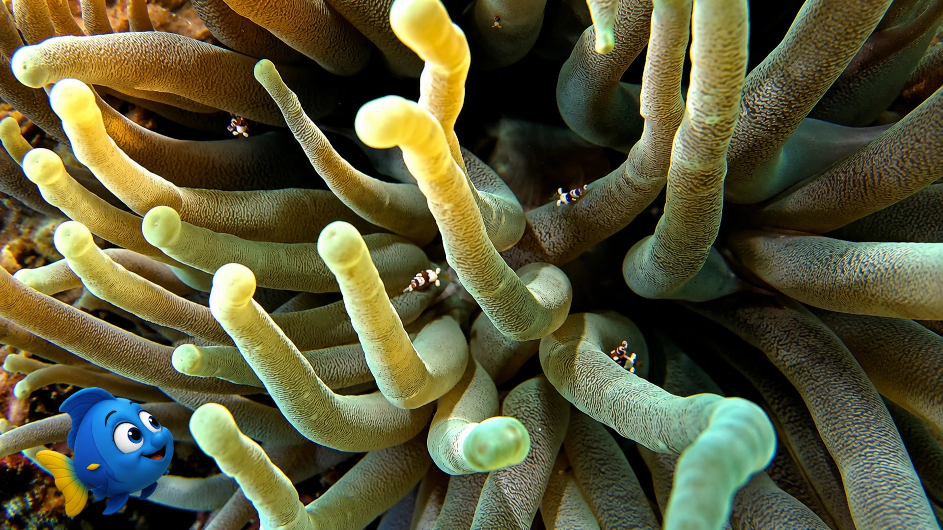Tiny reef neighbors tucked among the tentacles of a sea anemone while Blu watches closely