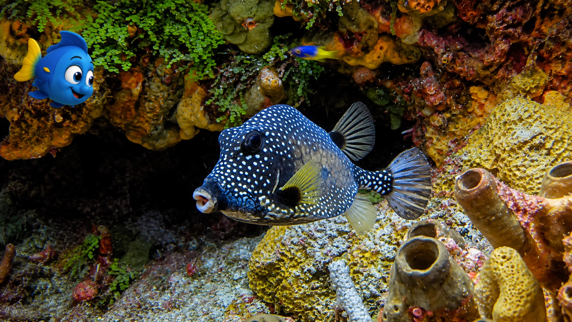 A spotted trunkfish swimming among colorful reef sponges while Blu watches nearby