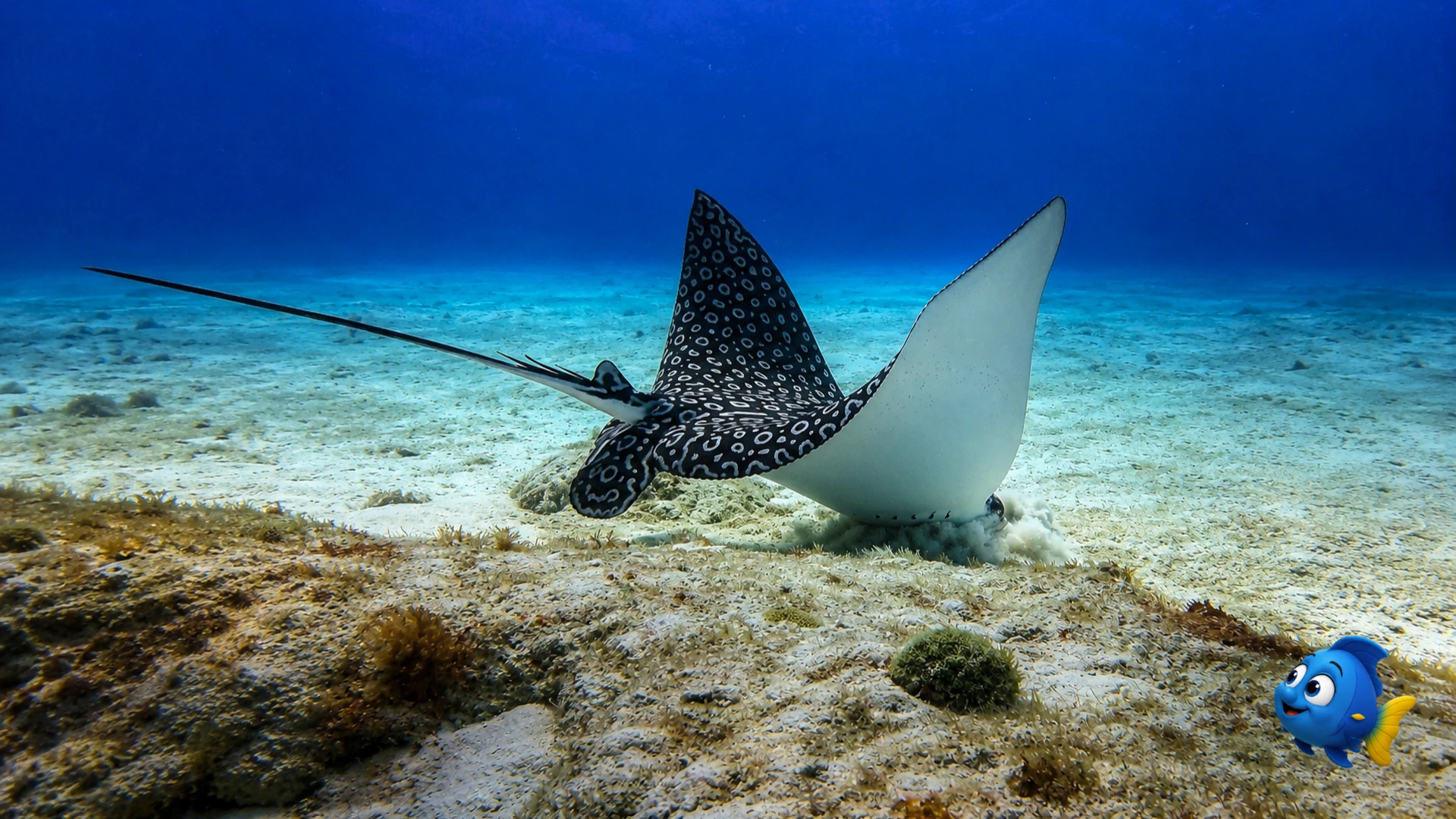 A spotted eagle ray gliding close to the sandy seafloor while Blu watches from a respectful distance