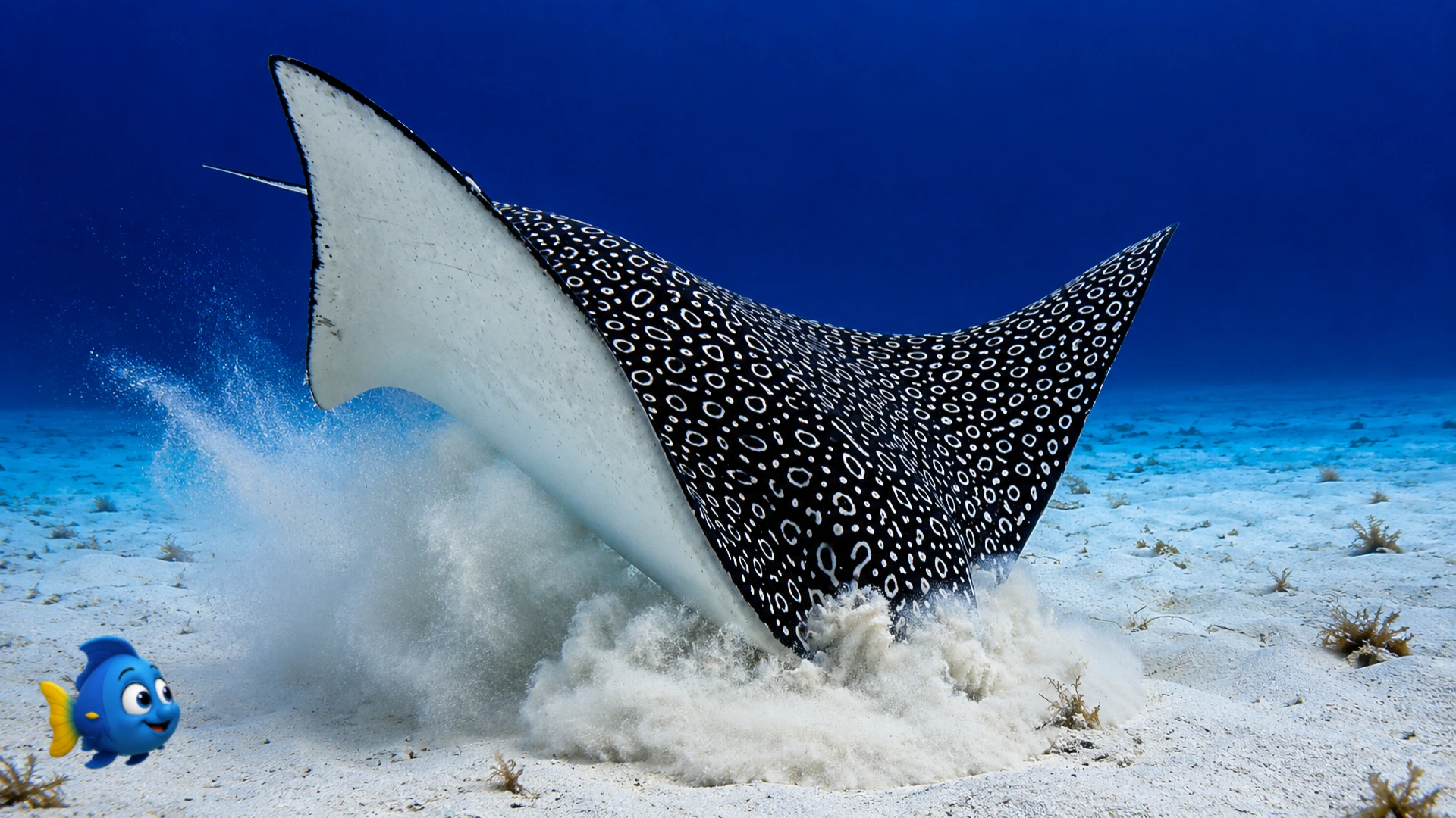 A spotted eagle ray digging into the sandy seafloor and stirring up a cloud of sand while Blu watches nearby