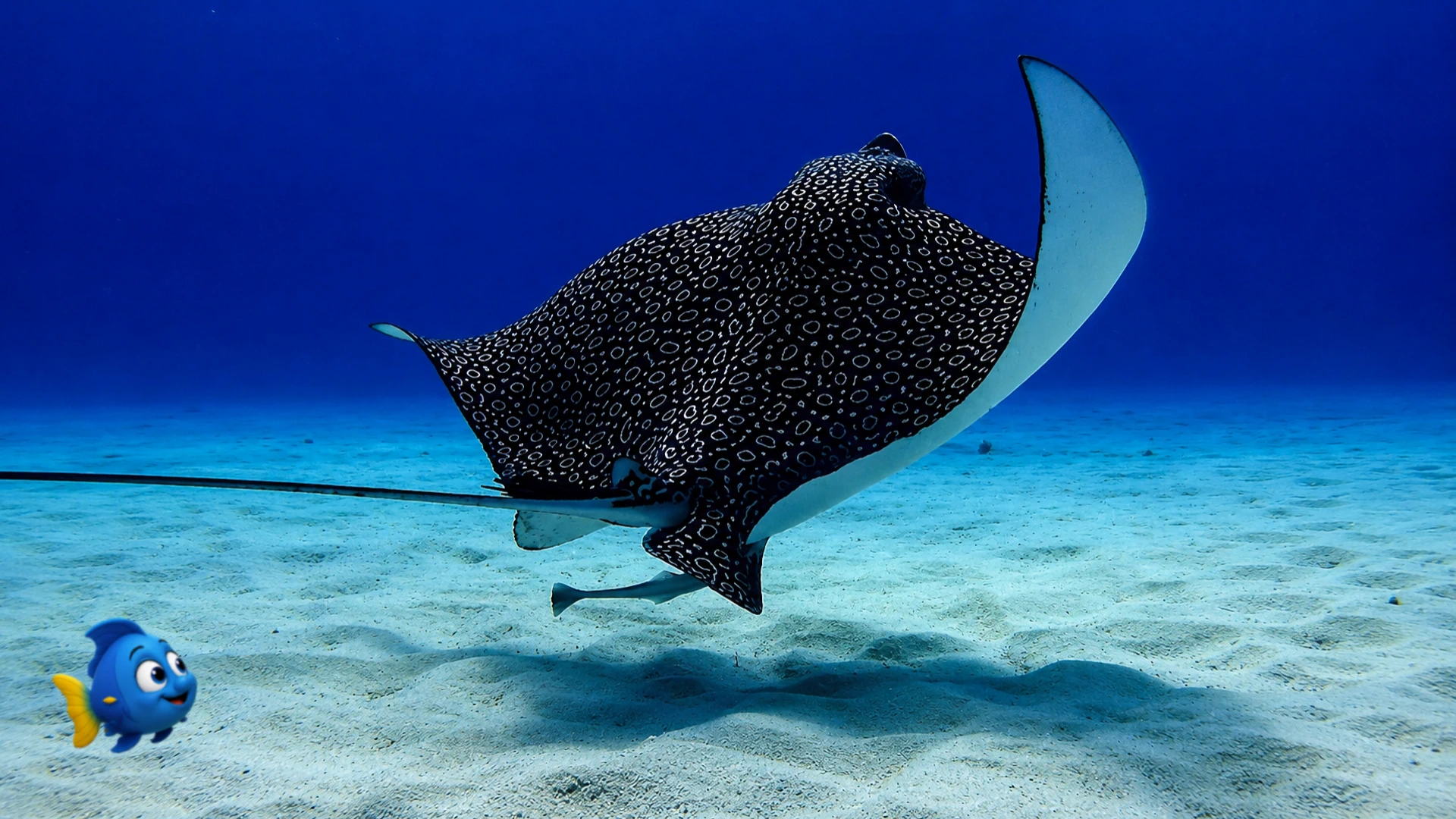 A spotted eagle ray lifting away from the sandy seafloor as Blu watches it glide into open water