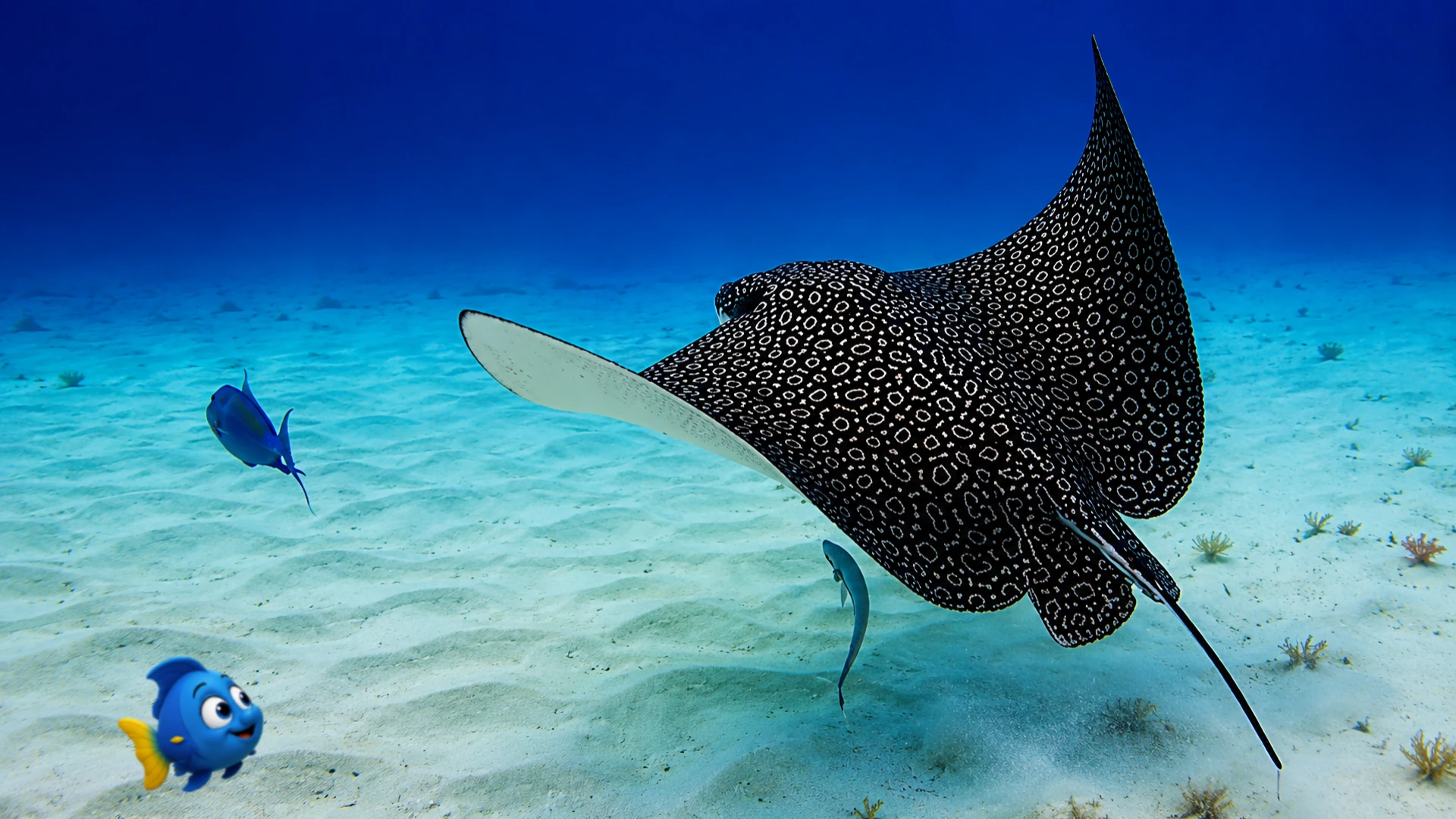 A spotted eagle ray gliding over the sandy seafloor while Blu watches from a respectful distance