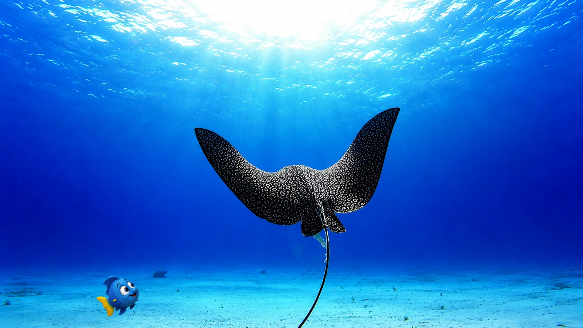 A spotted eagle ray gliding away into open blue water while Blu watches from a respectful distance