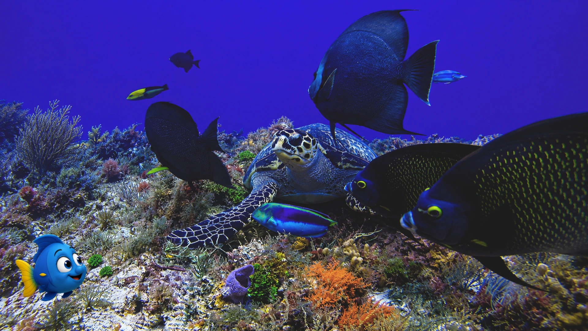 Blu watches a sea turtle surrounded by different reef fish